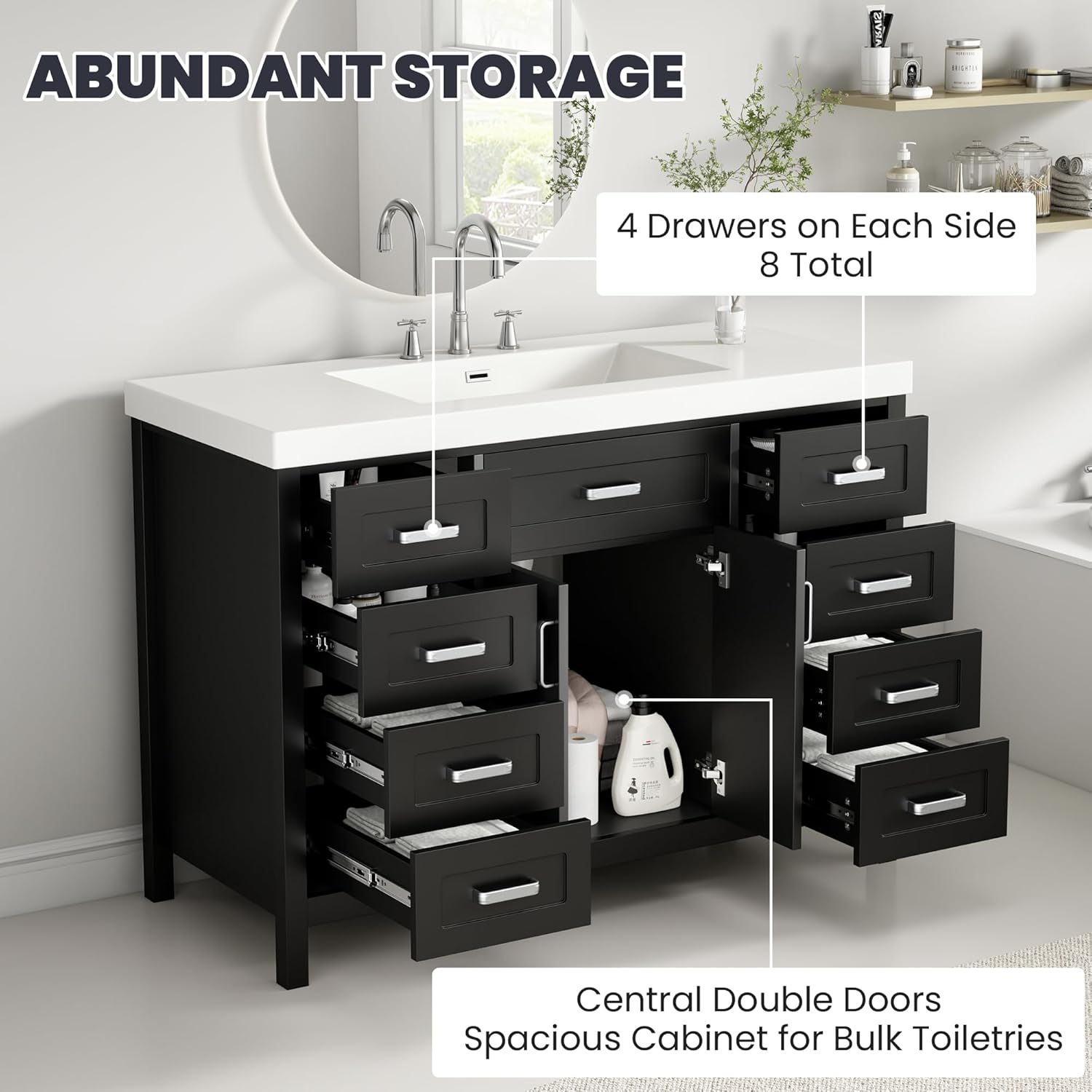 Christopher Knight Home Pineas 48" Modern Bathroom Vanity with Resin Sink Combo Set, Wooden Bathroom Vanity Organizer with Drawers, Soft Closing Door Bathroom Storage Cabinet with Sink, Black