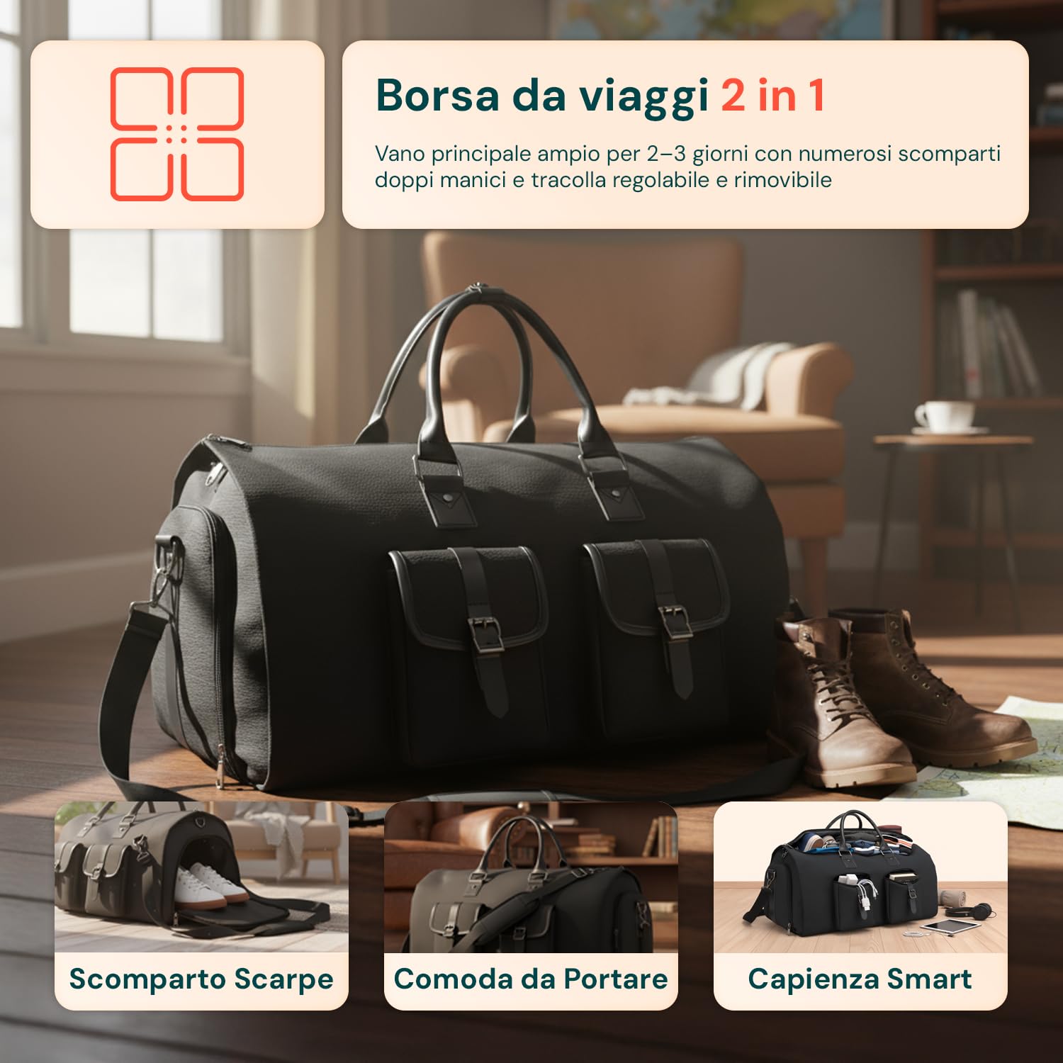 Avilia Borsone Viaggio 2 in 1 Impermeabile 56x32x33 cm -Scomparto Scarpe Ventilato - Bagaglio a Mano Cabina - Borsa Palestra Sportiva Weekend - Tessuto Oxford Tasche Multiple