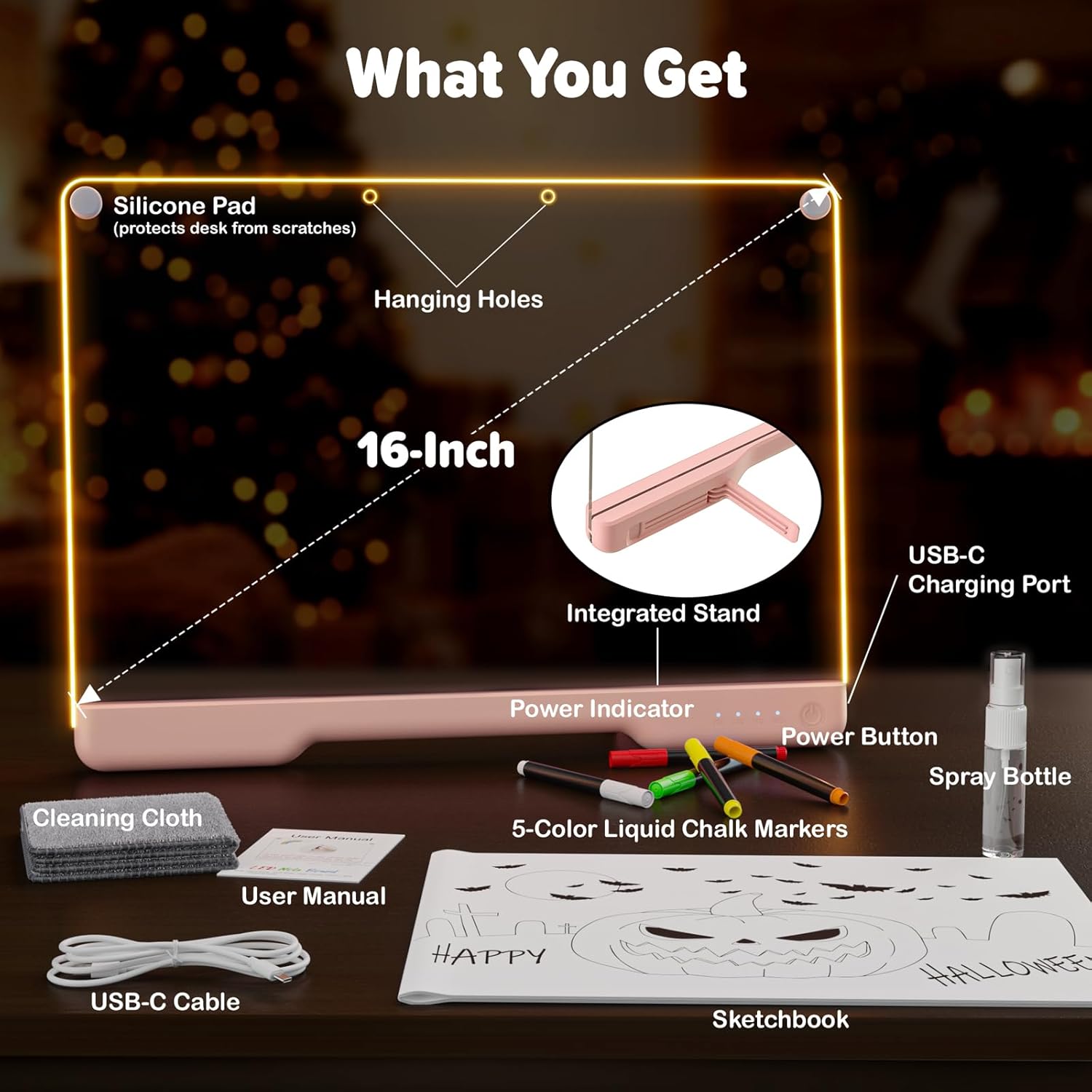 Contents of the Geokay LED Note Board package, including the board, markers, tracing papers, USB-C cable, spray bottle, and cleaning cloth.