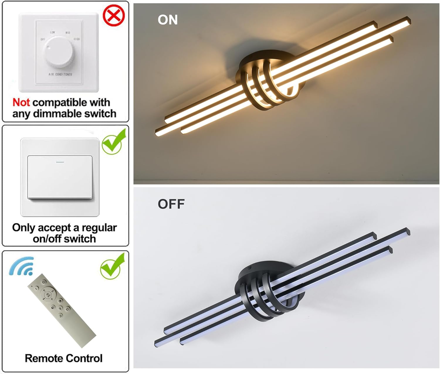 Garwarm Modern Ceiling Light Fixture,39.4 Inch Black Kitchen Lights Ceiling, Linear Dimmable LED Chandelier Remote Control for Dining Room Living Room Bedroom