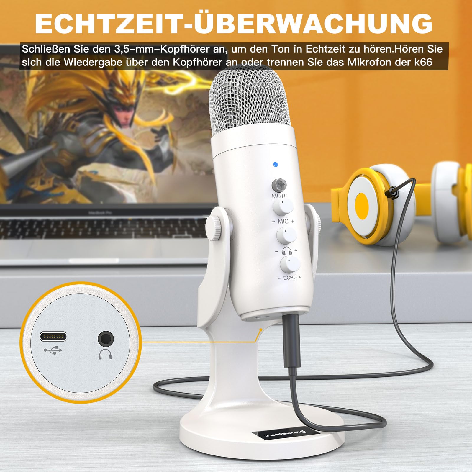 zealsound USB Mikrofon mit Rauschunterdrückung, Mute, Echo & Gain, für PC, Mac, iPhone, Android, PS4/PS5, ideal für Streaming, Gaming, ASMR, YouTube, Gesang, Twitch – K66 Pearly White