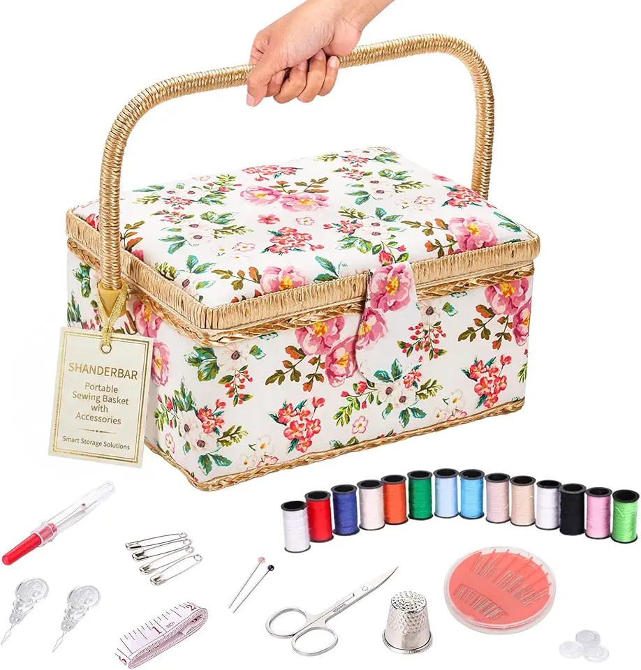 SHANDERBAR Cesta de Costura com Acessórios, Caixa de Costura com Estampa Floral para Suprimentos de Costura, Caixa de Armazenamento de Kits de Costura de Madeira com Bandeja Removí (, Multicolorido)