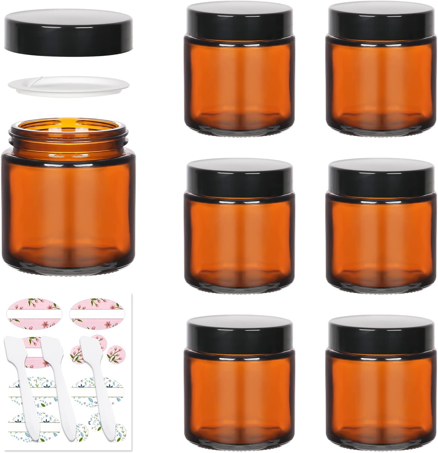 4 oz Amber Glass Round Jars with Black Lids, 6 Pack Empty Cosmetic Jars Face Cream Storage Containers for Powder,Lotion,Beauty Products,Travel Favors