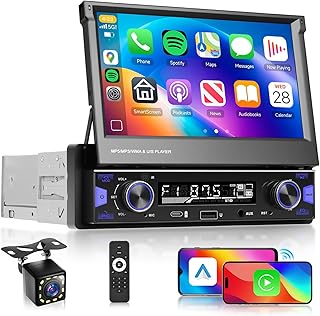 Single Din Car Stereo Screen Flip Out Wireless CarPlay Android Auto, Driauto Car Radio Bluetooth 1 Din 7 inch Touchscreen with AM FM Radio Car Audio Receiver Mirror Link,Type-C/USB/AUX Backup Camera