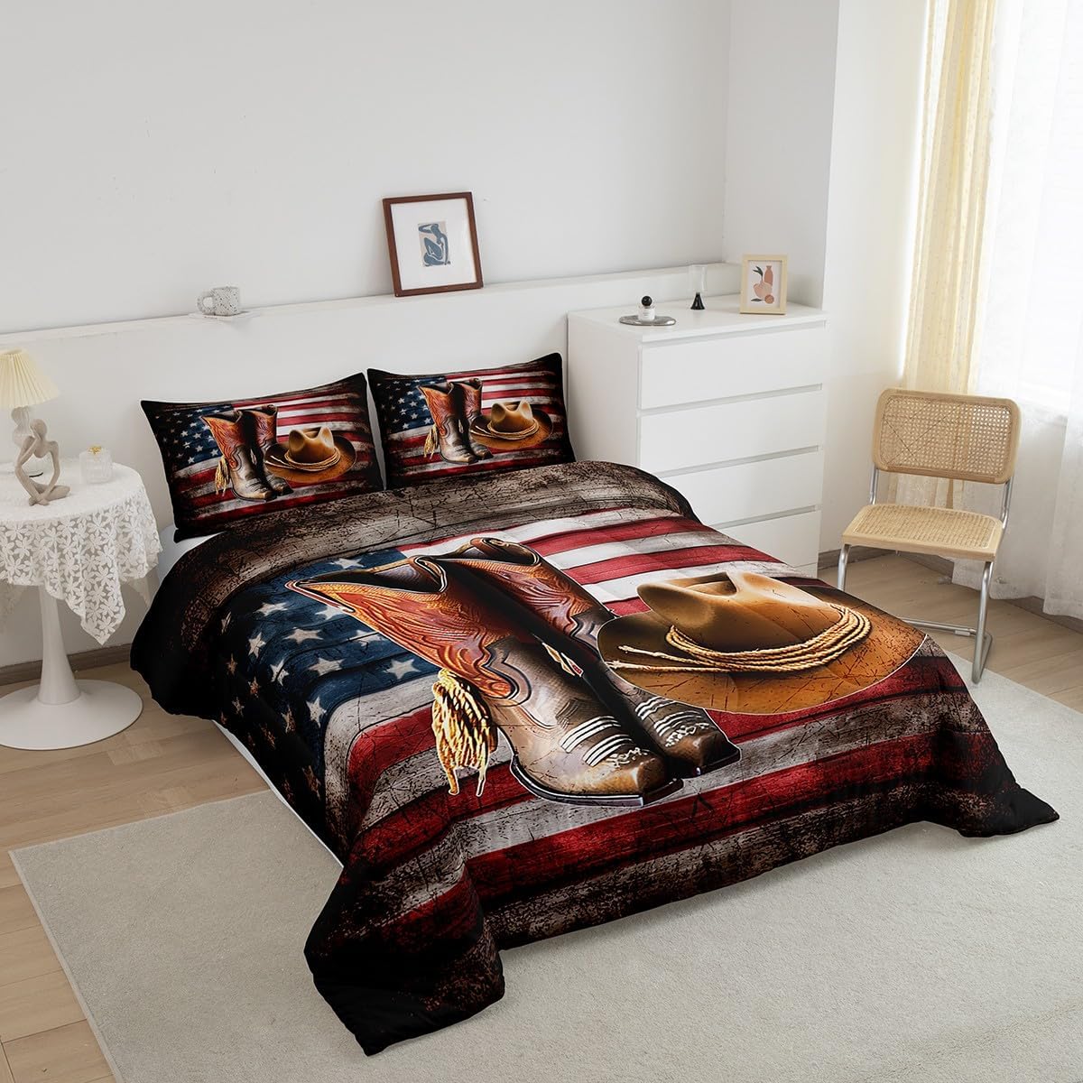 Feelyou American Flag Western Decor Comforter Set for Kids Boys Girls Wild West Cowboy Comforter Set Queen Size Rodeo Cowboy Bedding Set Decor Grunge Design Duvet Set Quilt 3Pcs Boys