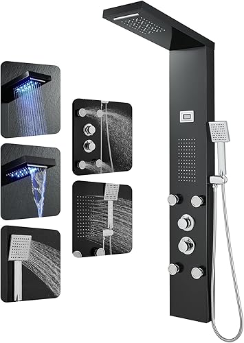 ROVOGO Sistema de torre de panel de ducha LED con ducha de lluvia y cascada, chorros corporales y portátil, columna de ducha de acero inoxidable con