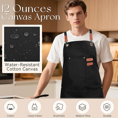 Miniatura 6 de Delantales de chef para hombres y mujeres con bolsillos grandes, delantal de cocina de lona de algodón repelente al agua para cocinar