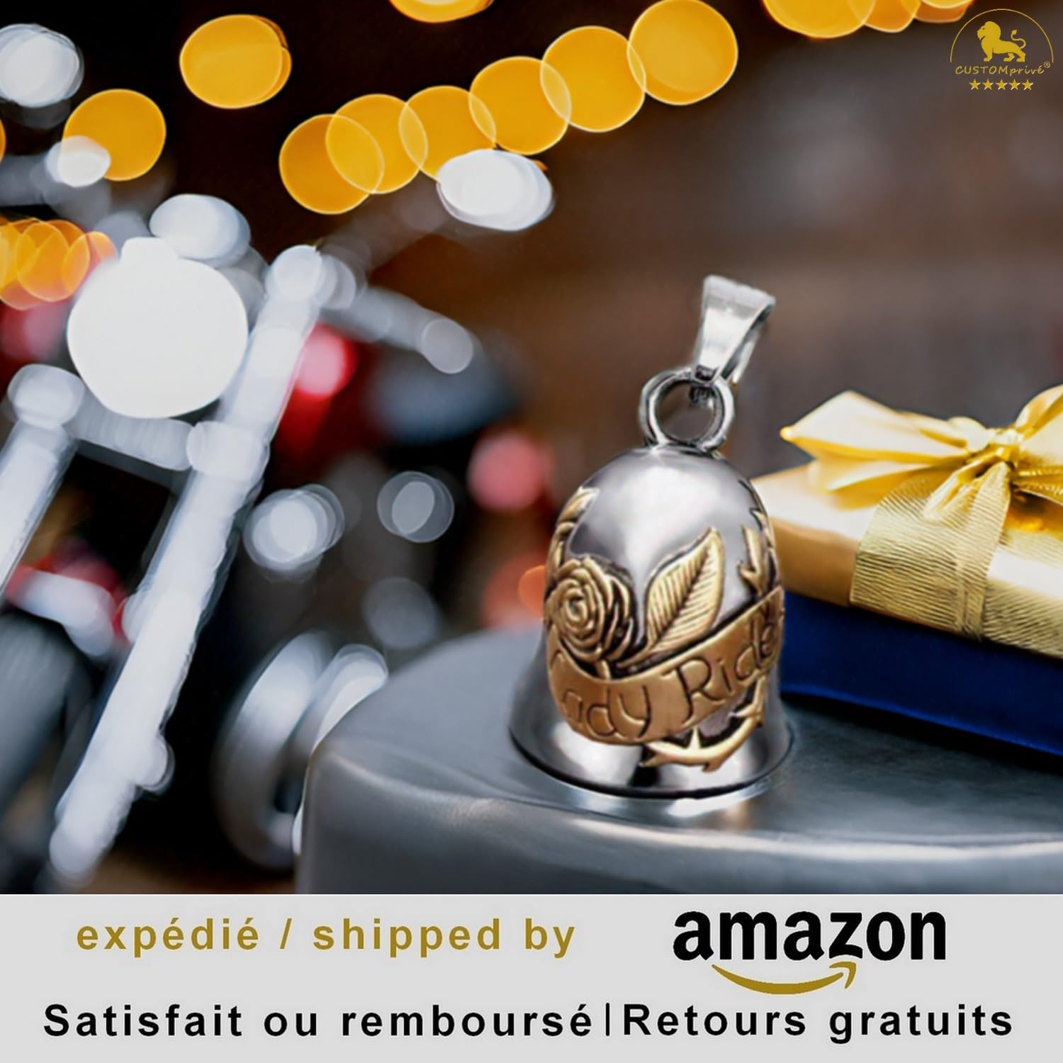 CUSTOMprivé Campanella Moto Donna Lady Rider con Rosa Portafortuna per Motociclista Biker Triker, Finitura Cromo e Dorato, Amuleto campana guardian bell gremlin