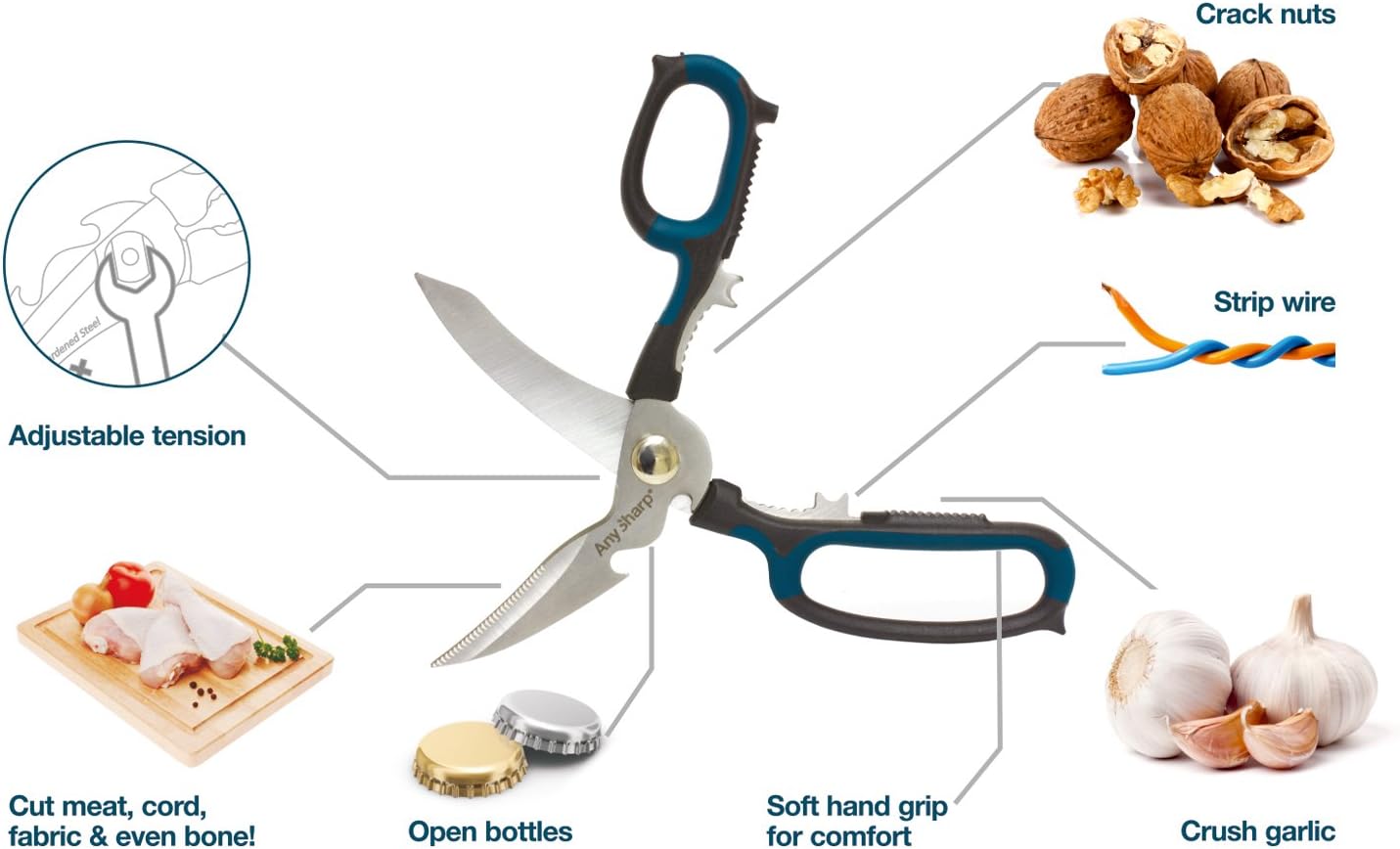 AnySharp Multi-Tool Scissors, Hardened Steel Blades for Tough Materials, Ideal for Both Left and Right Handed Users, Comfort Grip, Dishwasher Safe, Black, One Size