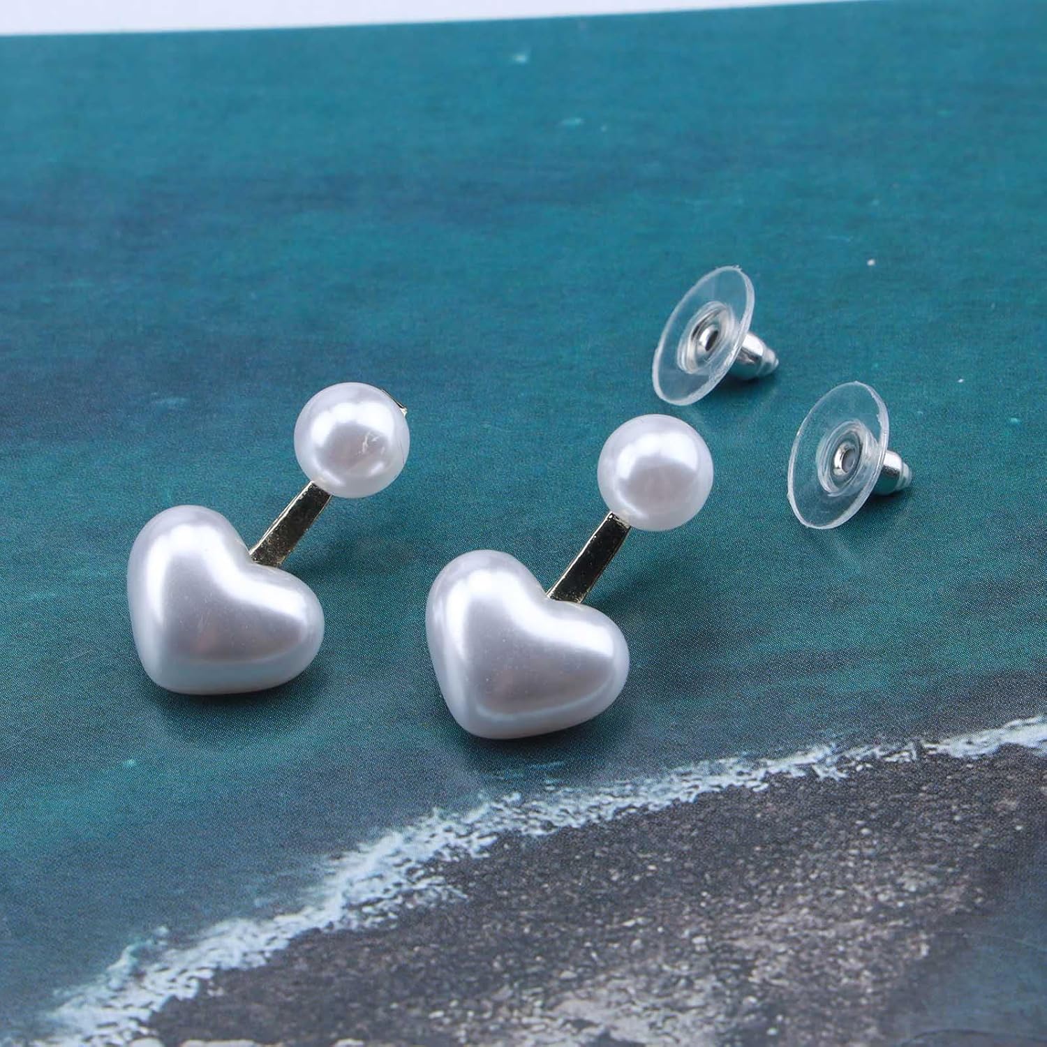 Boho Heart Pearl Ear Jacket Earrings Gold Pearl Heart Studs Earrings Pearl Front Back Earrings Love Heart Earrings Jewelry for Women - Image 5