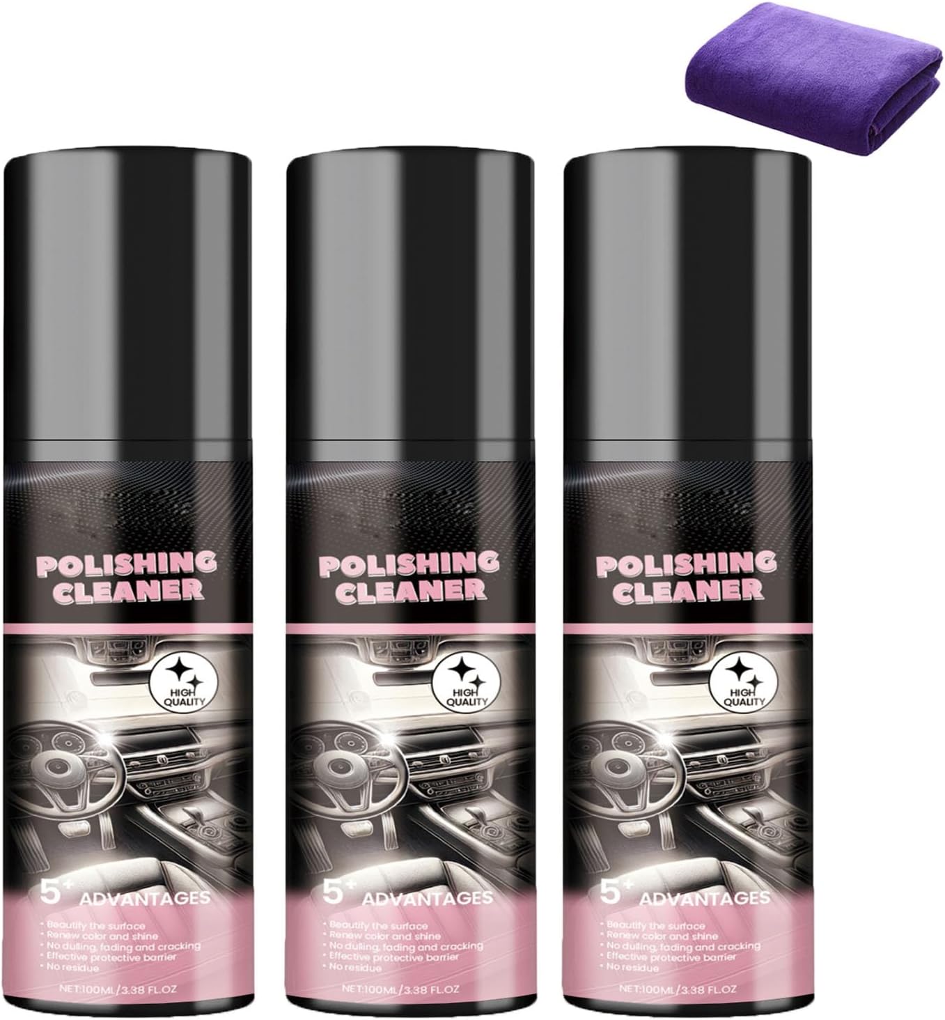 Polishing Cleaner Car Interior, Waterless Car Interior Detailer Cleaning Spray, Total Interior All Purpose Cleaner for Rubber, Leather (3PCS)