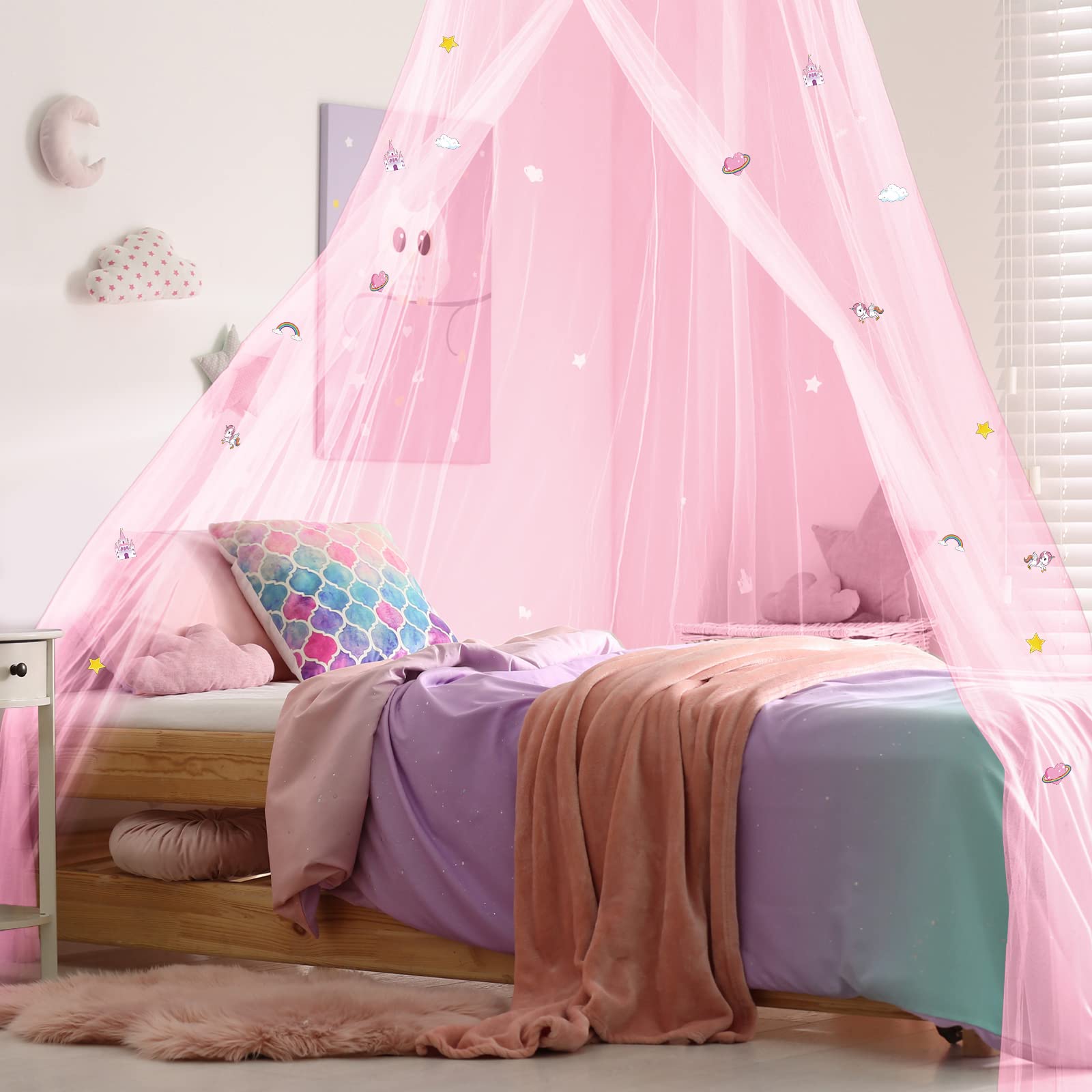 Toldo de cama con estrellas que brillan en la oscuridad, decoración de habitación de unicornio para niñas, color rosa, para cuna, mosquitero fluorescente para colgar 7