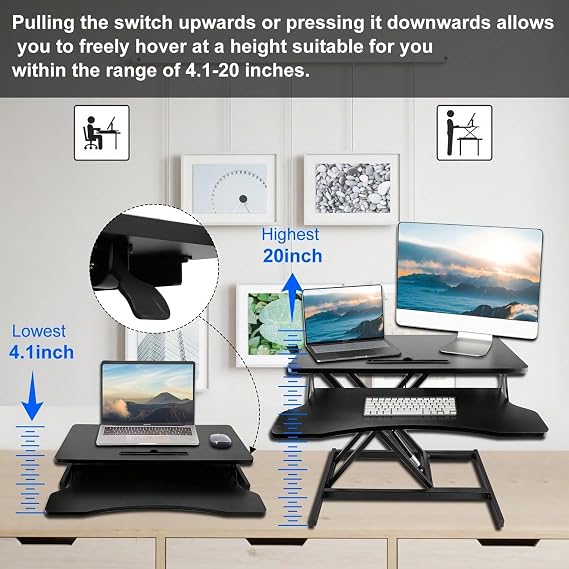 CHSSIH 34in Adjustable Height Standing Laptop Desk,Adjustable Sit to Stand Up Workstation with Keyboard Tray,Black (A)