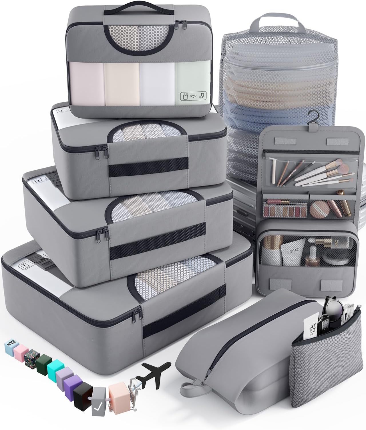 8 Set Packing Cubes for Travel Essentials,Anti-Wrinkle Buckled Suitcase Organizer for Shoe & Toiletry Bag,Carry On Luggage Bag with 99+ Count Mesh Holes for Airplane & College Dorm Accessories