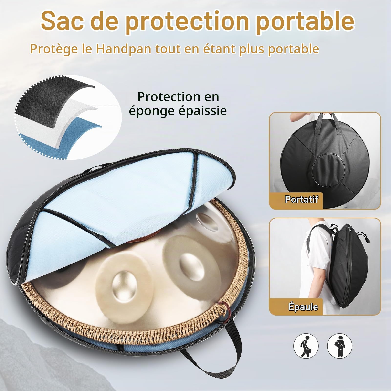 Handpan Drum, 22 Pouces 12 Tons Or Steel Hand Pan Tongue Drum D Minor pour Yoga, Méditation avec Sac à dos, Support de Batterie (440hz)
