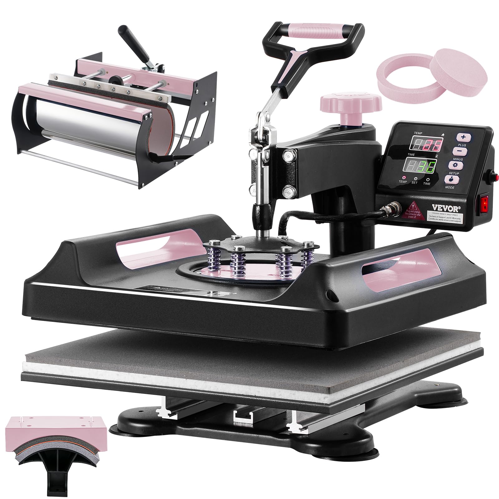 Heat Press Machine, 5 in 1 Heat Transfer Machine with 30 oz Tumbler Press, 15 x 15 inch, 360° Swing Away Digital T-Shirt Pressing Machine, Teflon Coating, for T-Shirts/Mugs/Hats/Plates, Black