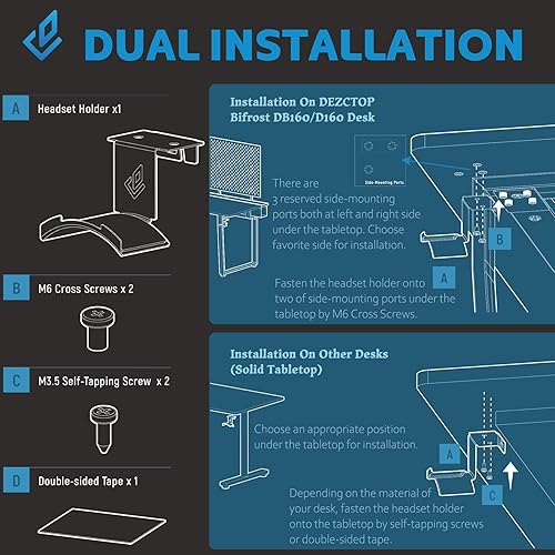Miniatura 3 de DEZCTOP Soporte para auriculares debajo del escritorio, soporte para auriculares para juegos de PC, accesorios de soporte para auriculares, soporte