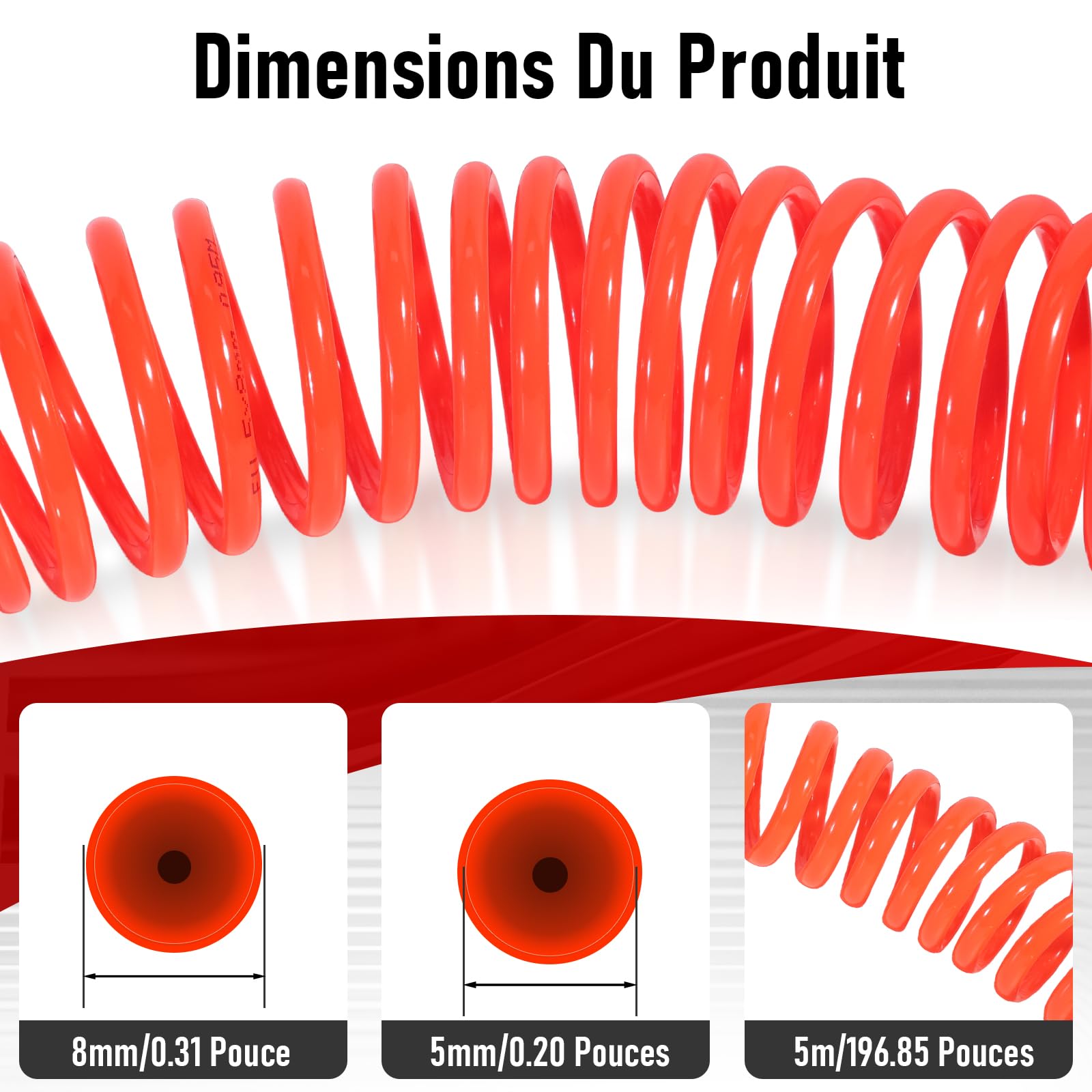 Tuyau Air Comprimé 5m Tuyau Spirale PU 5×8mm Rouge | Accessoires Compresseur avec Raccords Rapides - 3