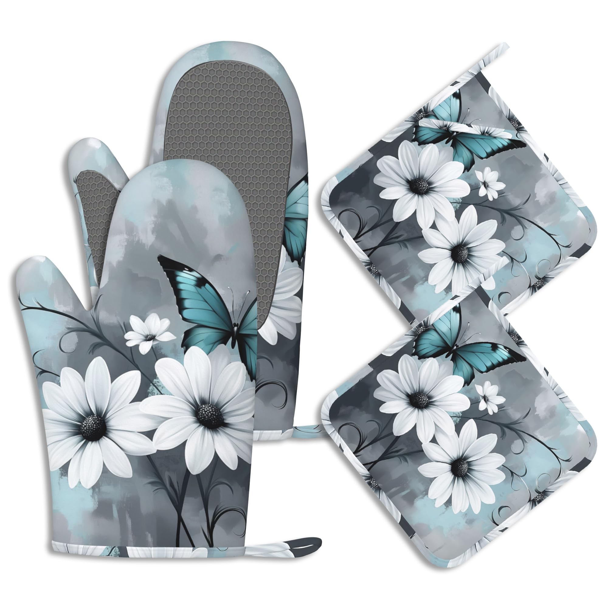 Maniques en silicone résistant de haute qualité décor floral turquoise
