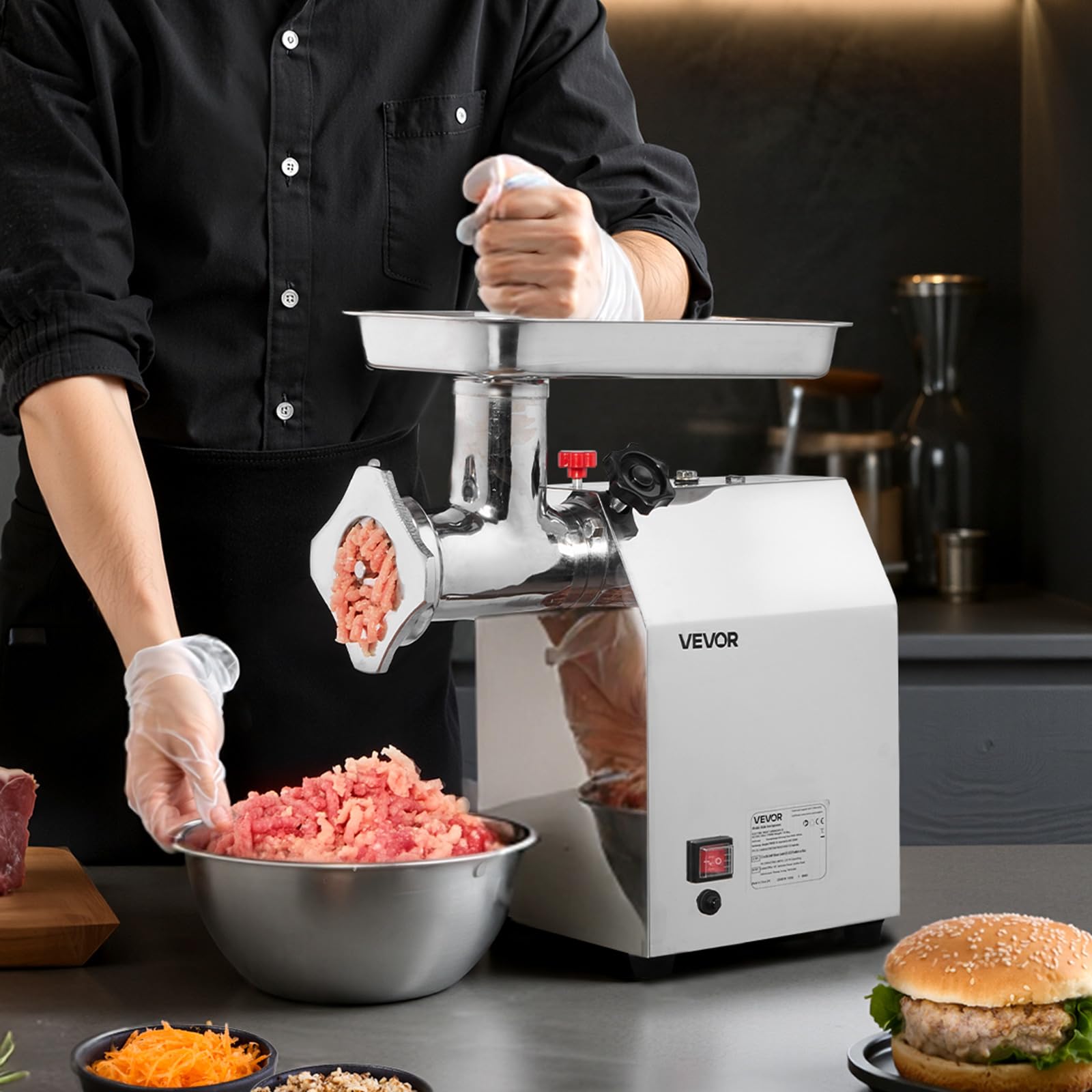 VEVOR Picadora de Carne Eléctrica de Encimera con Cuchilla, Capacidad de 4,2 kg/min, Placa de Molienda, Máquina para Hacer Salchichas, Acero Inoxidable para Cocina y Restaurante, 430 x 248 x 440 mm