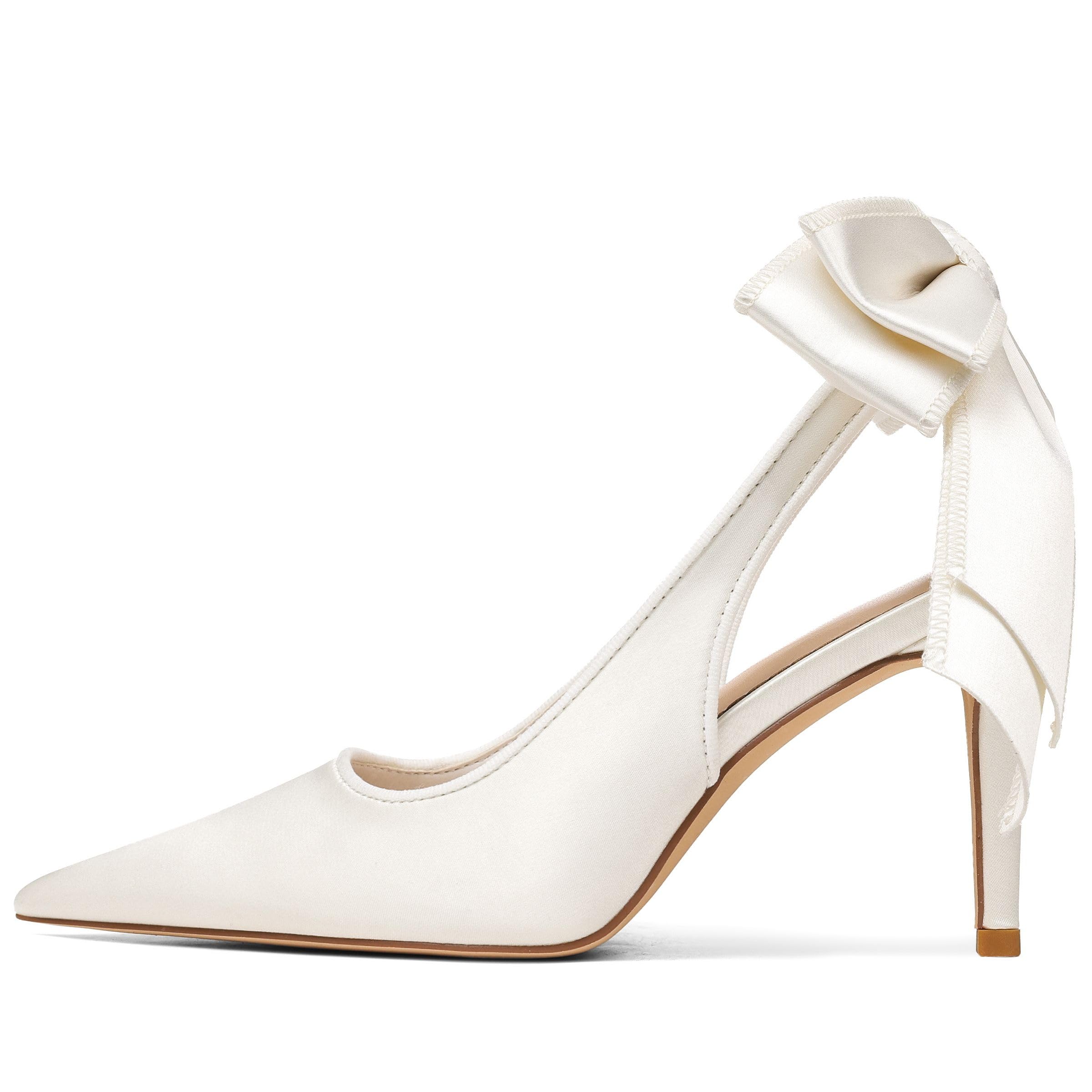Photo 1 of Mattiventon White Wedding Shoes for Bride Slingback Heels with Bow Tie Closed Pointed Toe Stiletto Heels Satin Prom Party Dress Pumps