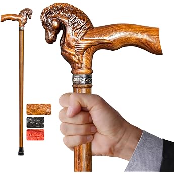 Walking Stick Wooden Elegant Hand Carved Horse Head Walking Stick Men Women Wood Handmade Stylish Walking Sticks for Seniors Lightweight Stable High-End Walking Stick Suitable for Gift