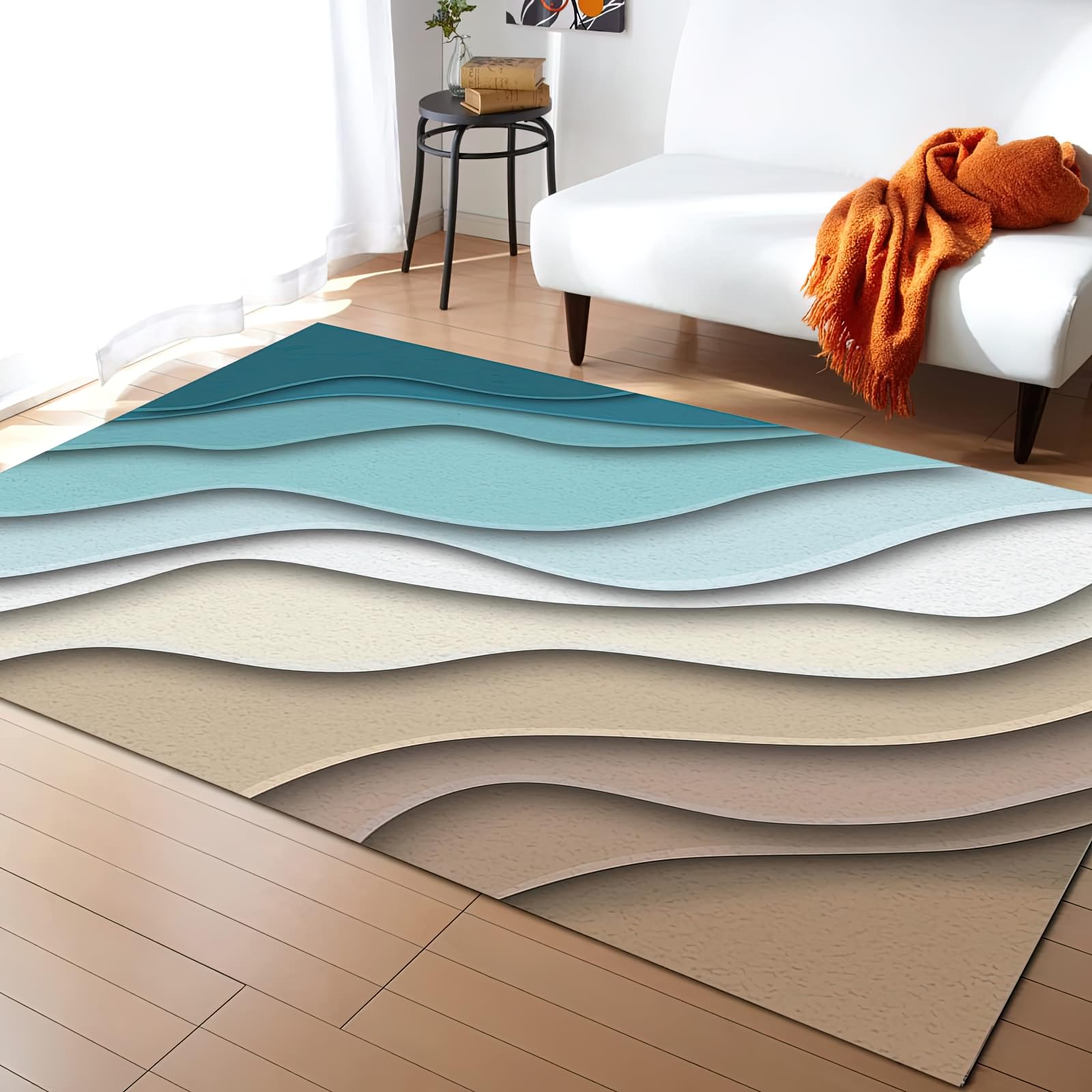 BSIKIE Teal Gradient Area Rug, Abstract Geometric Blue Brown Beach Sea Waves Indoor Non Slip Print Rugs, Machine Washable Durable Carpet for Living