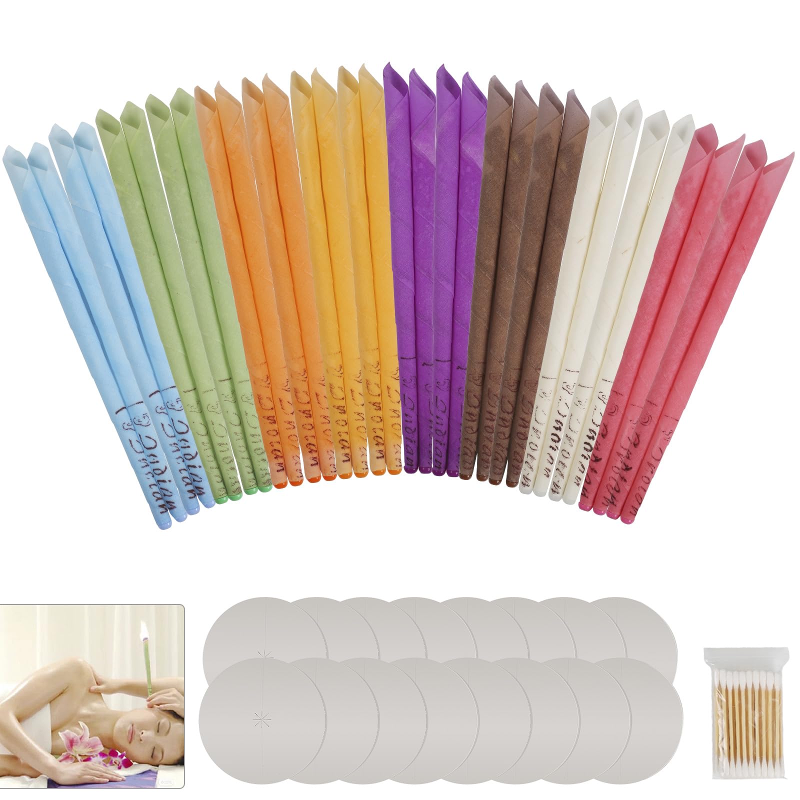32 Pezzi 8 Diverse Fragranze Coni per Orecchie,25cm Cono Orecchie Cerume con 8 Dischi Protettivi e Tampone di Cotone,per Rimuovere la Cera Dell'orecchio,Relax e Pulizia