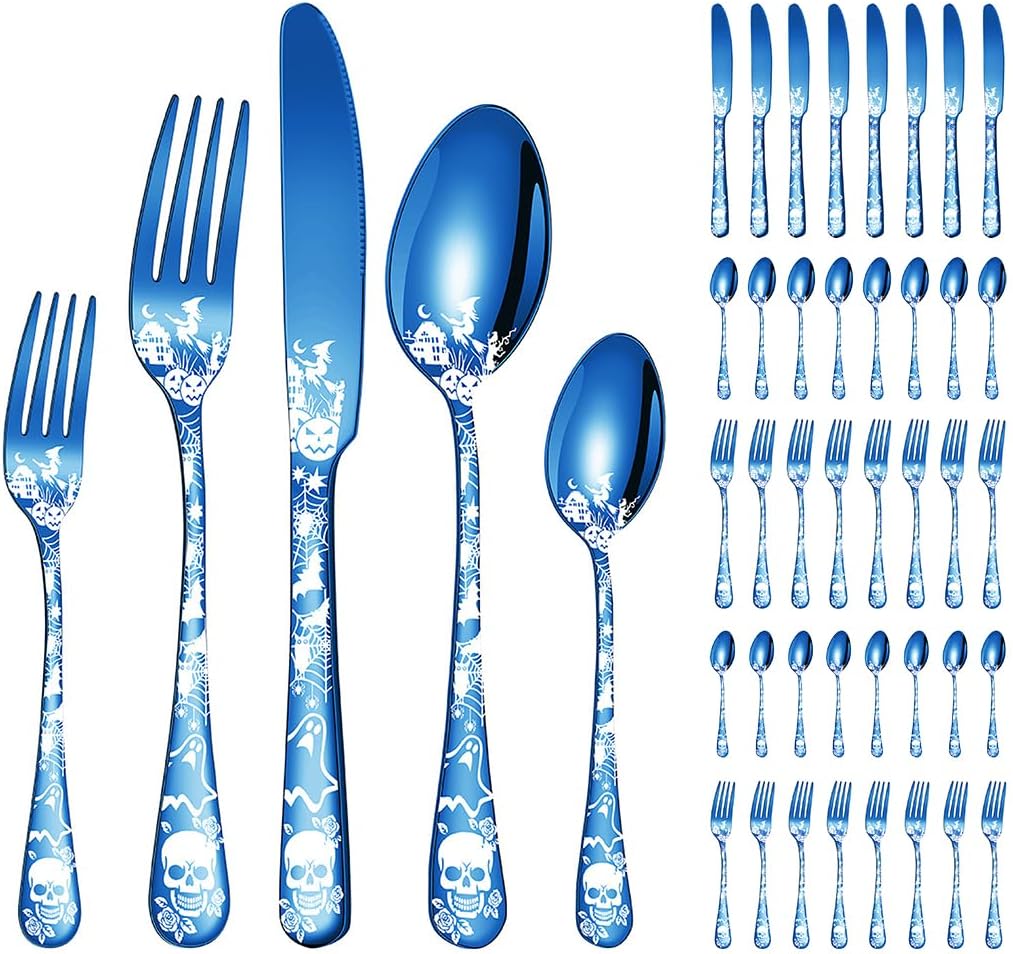 XIAOYU 40-Piece Halloween Themed Skeleton Silverware Set, Metal Flatware Set Serving for 8, Gothic Unique Skeleton Pattern Design, Durable Cutlery Set for Halloween Easter Christmas, Blue