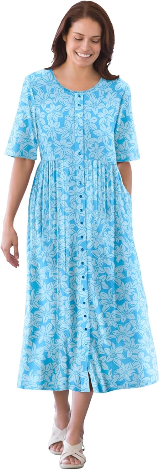 Woman Within Plus Size Short-Sleeve Button-Front Pocket Dress (Petite Available) - 3X, Blue Blossom