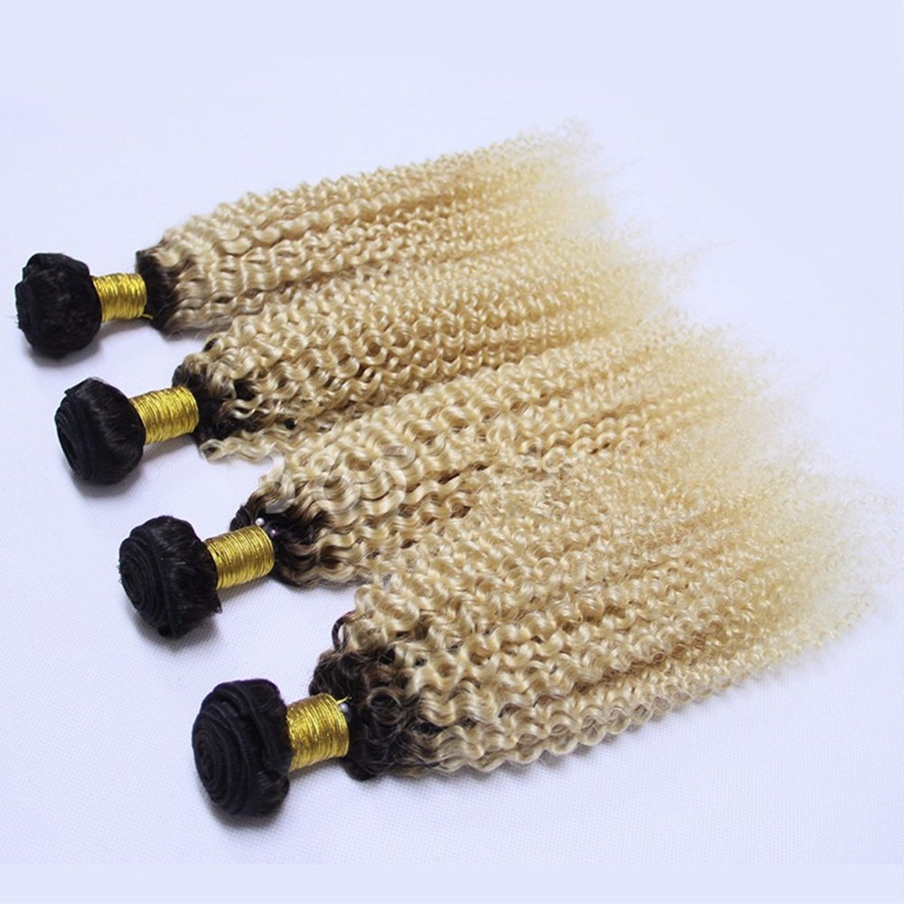 Ruma Hair Two Tone Colored 1B/613 Blonde Dark Root Ombre Afro Kinky Curly Brazilian Virgin Human Hair Weave Weft Extensions 3 Bundles Lot (22''24''26'')
