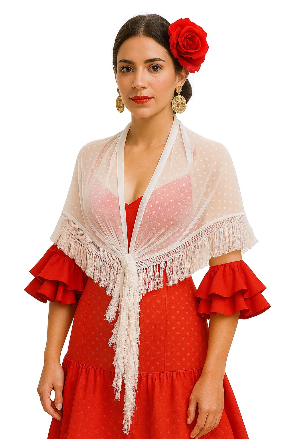 Châle Flamenco pour Femme Plumeti - Semi-transparent Noir ou Blanc - Franges en Coton 10 cm - 150x75 cm - Lavable en Machine - Style Sévillane élégant, idéal pour danse, fêtes ou spectacles.