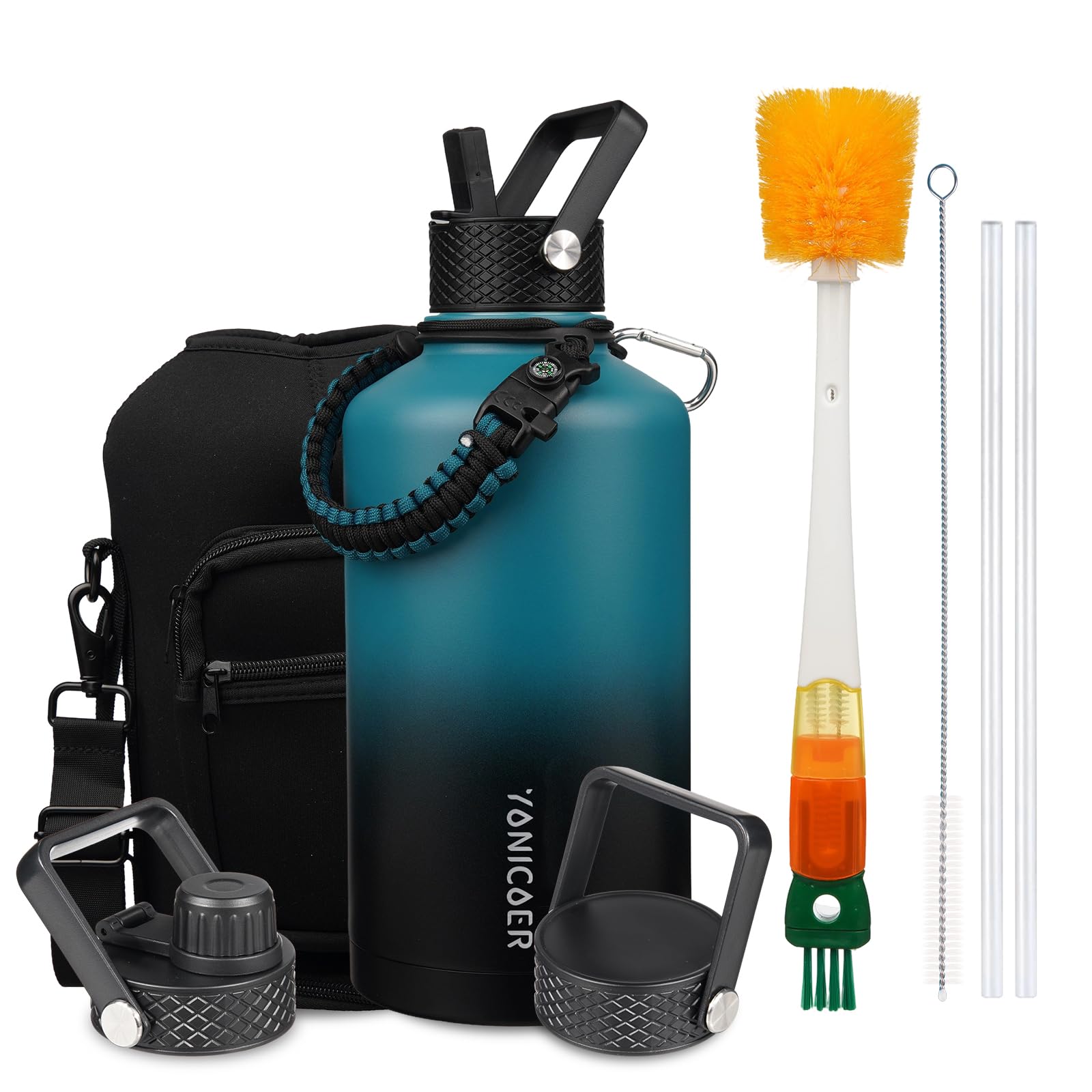 Insulated Water Bottle 87oz,Triple Wall Vacuum Stainless Steel(Dishwasher Safe),Leak Proof & Non-BPA,Flask Jug with Paracord Handle & Straw Spout Lids Sports Gradient indigo blue/black