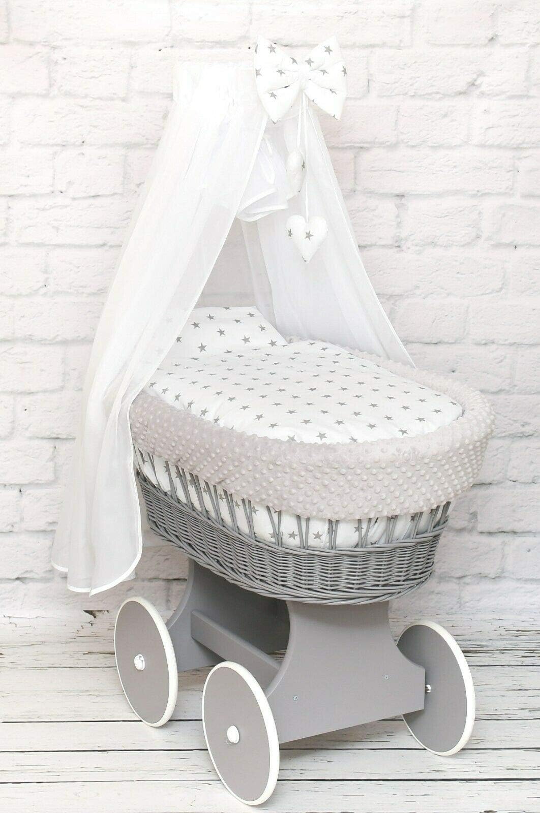 Wicker Wheel Stand Moses Basket Baby Bassinet Crib with Full Cotton Bedding Sets Liner Cover Mattress Canopy - Dimple Grey/Grey Dimple/Small Stars On White