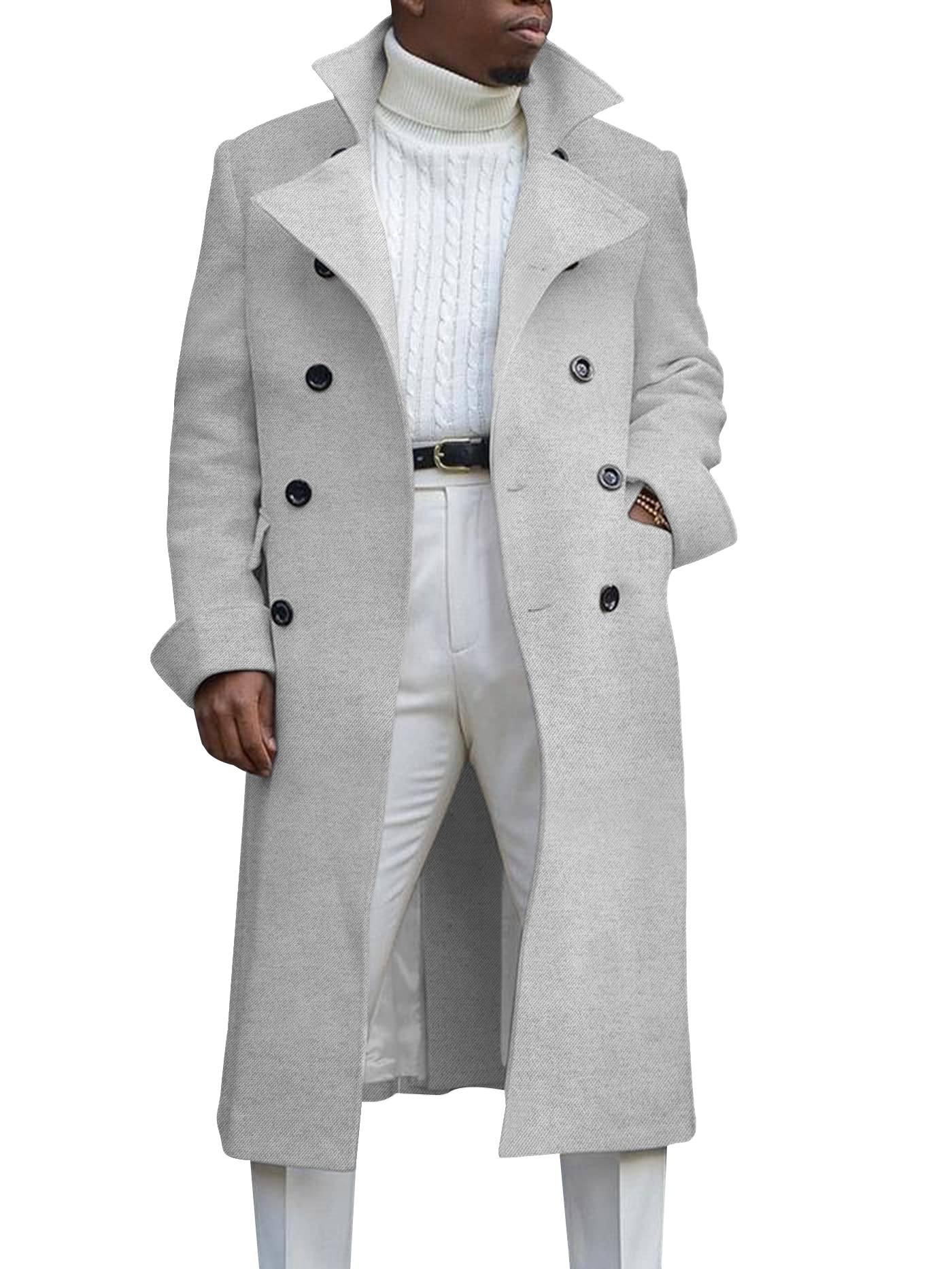 Ebifin Mens Notch Lapel Double Breasted Long Trench Coat Casual Cotton Blend Peacoat