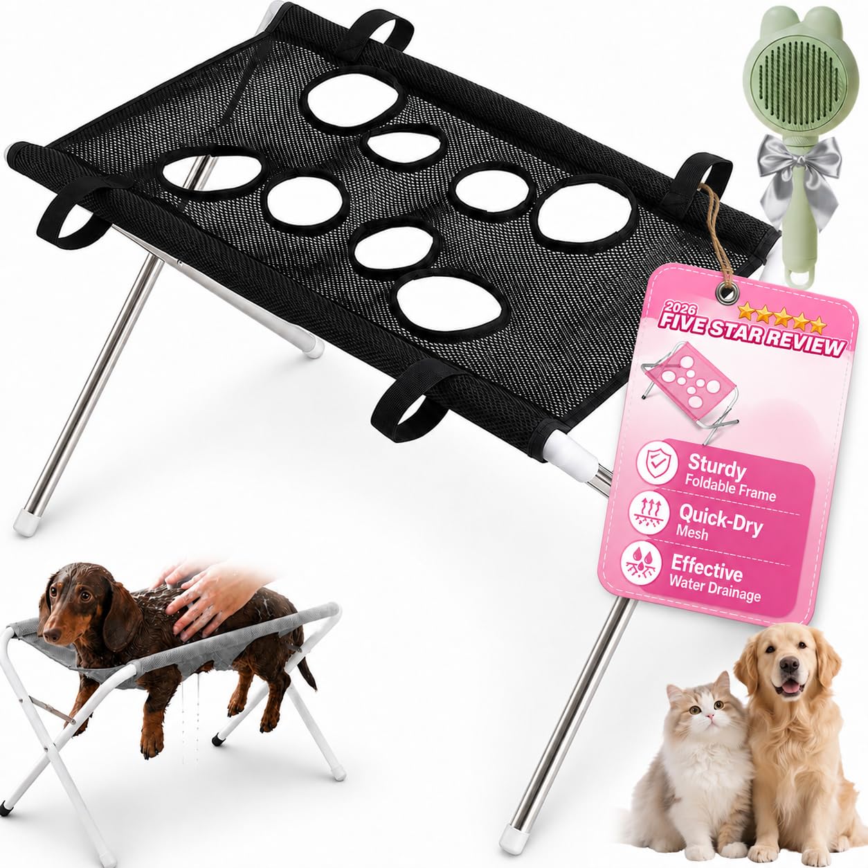 Pet Grooming Hammock Stand With Stable Stainless Steel Frame & Quick-Dry Mesh, Dog Bath Hammock For Cats And Small Dogs Up To 20 Kg, For Nail Trimming, Paw Cleaning And Bathing (#06)
