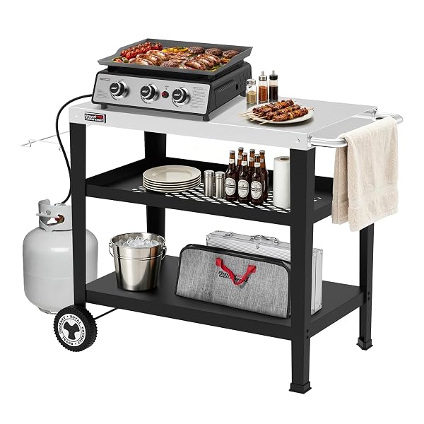 Royal Gourmet PC3404S Rolling Dining Table with Trash Bag Holder, Outdoor Garden Patio BBQ Kitchen Food Prep Table Cart, 34"L x 20"W Stainless Steel Tabletop, Silver & Black