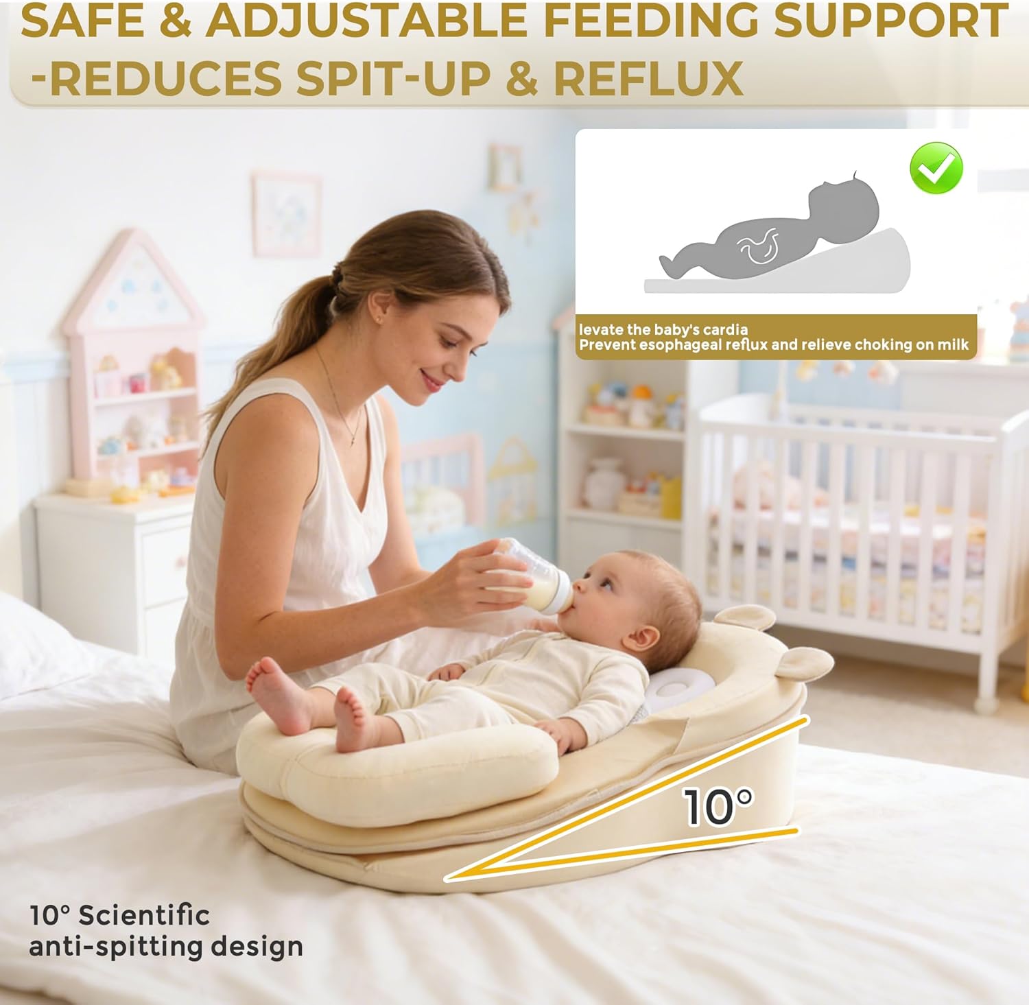 Baby Feeding Pillow, Anti Overflow Feeding Pillow for Reducing Spit-Up, Safety Nursing Pillow, Baby Lounger Reflux Wedge Breastfeeding, Removable top and Bottom
