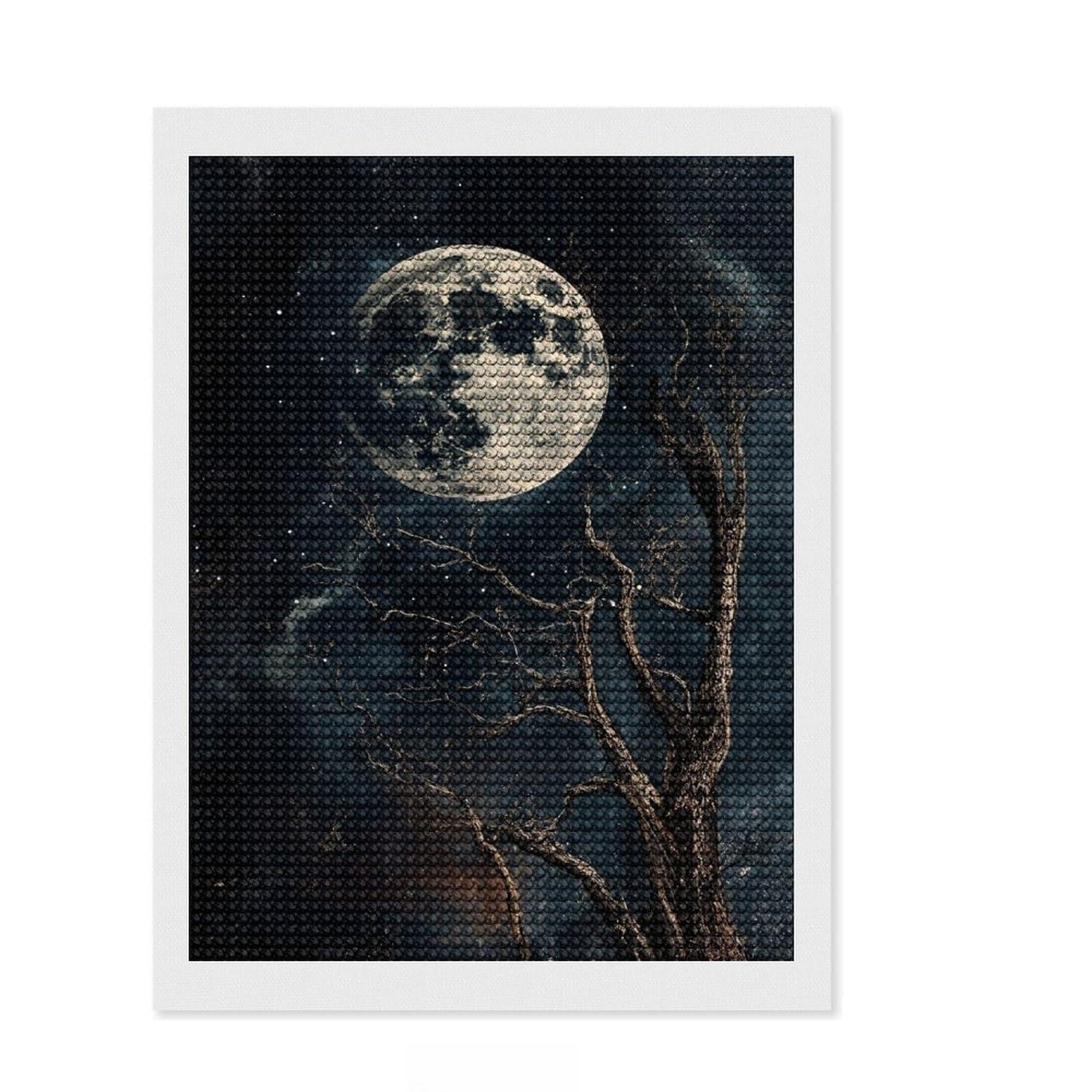 Junmoney Full Black Moon and Bare Tree Round Drill Diamond Painting 12"x16", Neat Printed Canvas, Satisfying Creative Project, Fun Craft Experience
