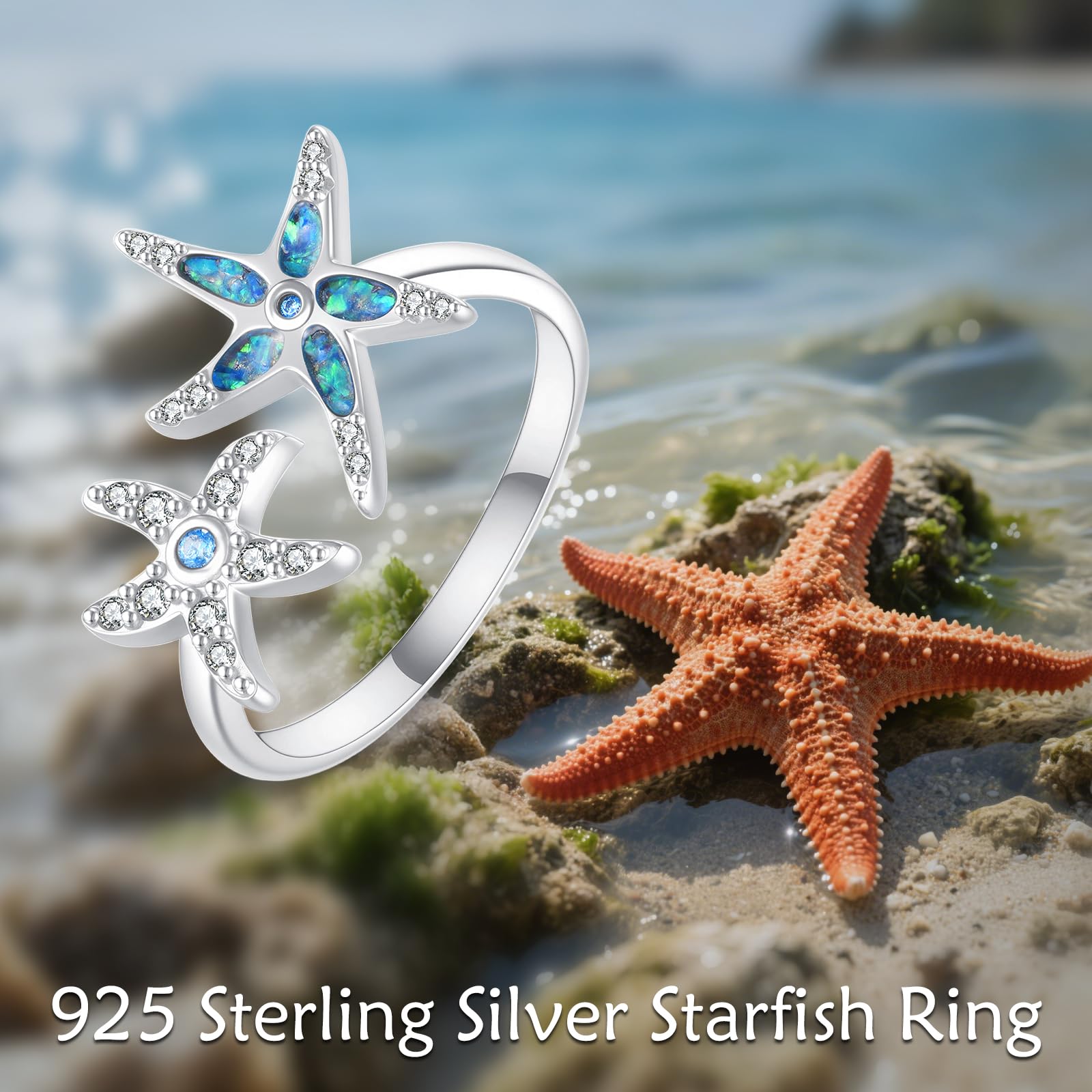 KZX Anillo de plata de ley 925 con apertura ajustable, diseño de estrella de mar, loto, tortuga marina, libélula, búho, joyería de animales, regalos para mujer, One Size, Plata de ley, Sin piedra