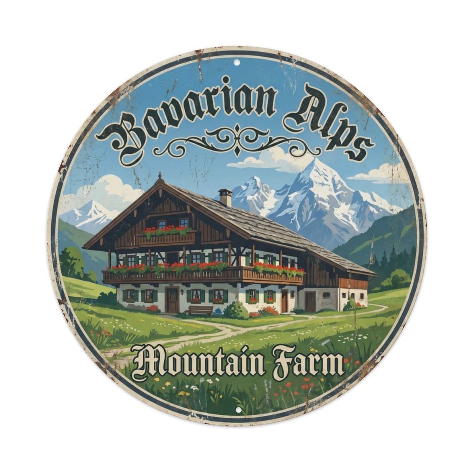 Vintage Travel Bavarian Alpine Farm Metal Tin Sign Plaque Wall Decor for Cafe, Club Bar, Office, Home Garden Round Metal Poster 8x8Inch