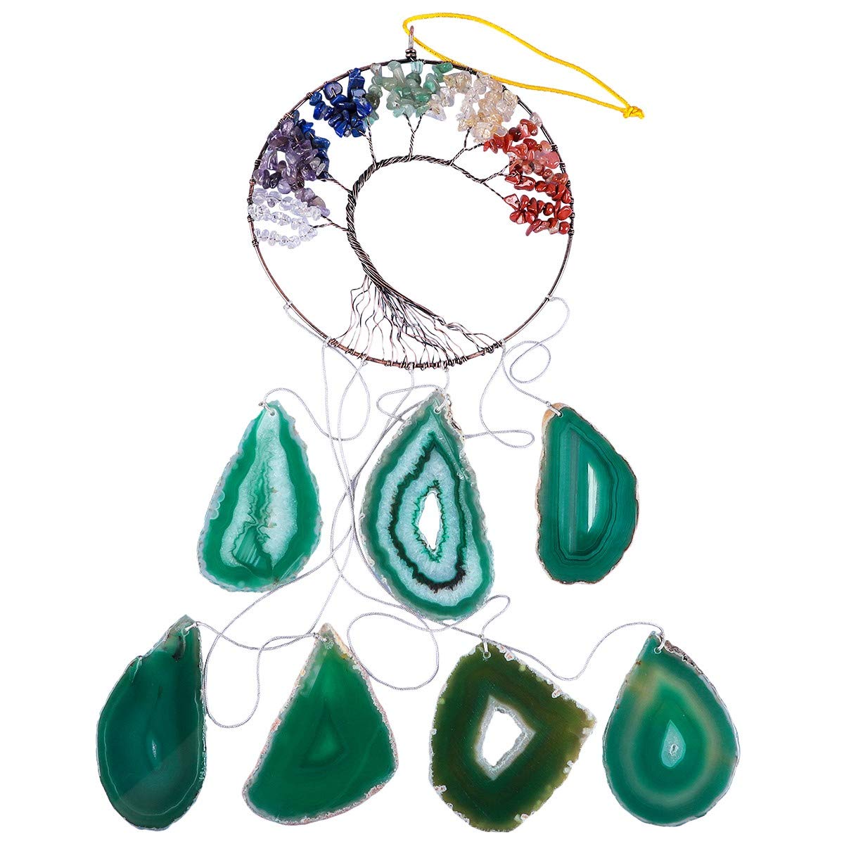 Nupuyai Carillon à vent en tranches d'agate verte arbre de vie - 7 chakras - Ornements à suspendre - Fait à la main - Décoration d'intérieur et d'extérieur