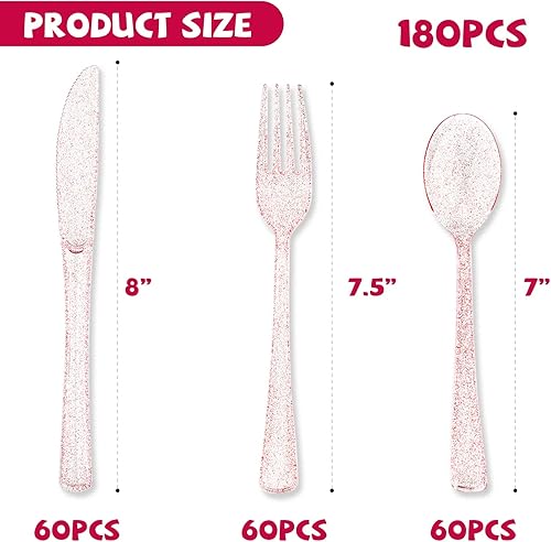 Miniatura 2 de Juego de cubiertos de plástico color oro rosa de 180 piezas, cubiertos desechables con purpurina, juego de cubiertos, 60 tenedores, 60 cucharas, 60
