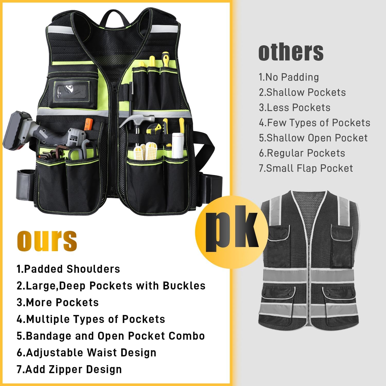 ATOLS Adjustable Tool Vest for Men, 23 Pockets, Reflective Work Vest for Electricians, Carpenters & Construction Workers