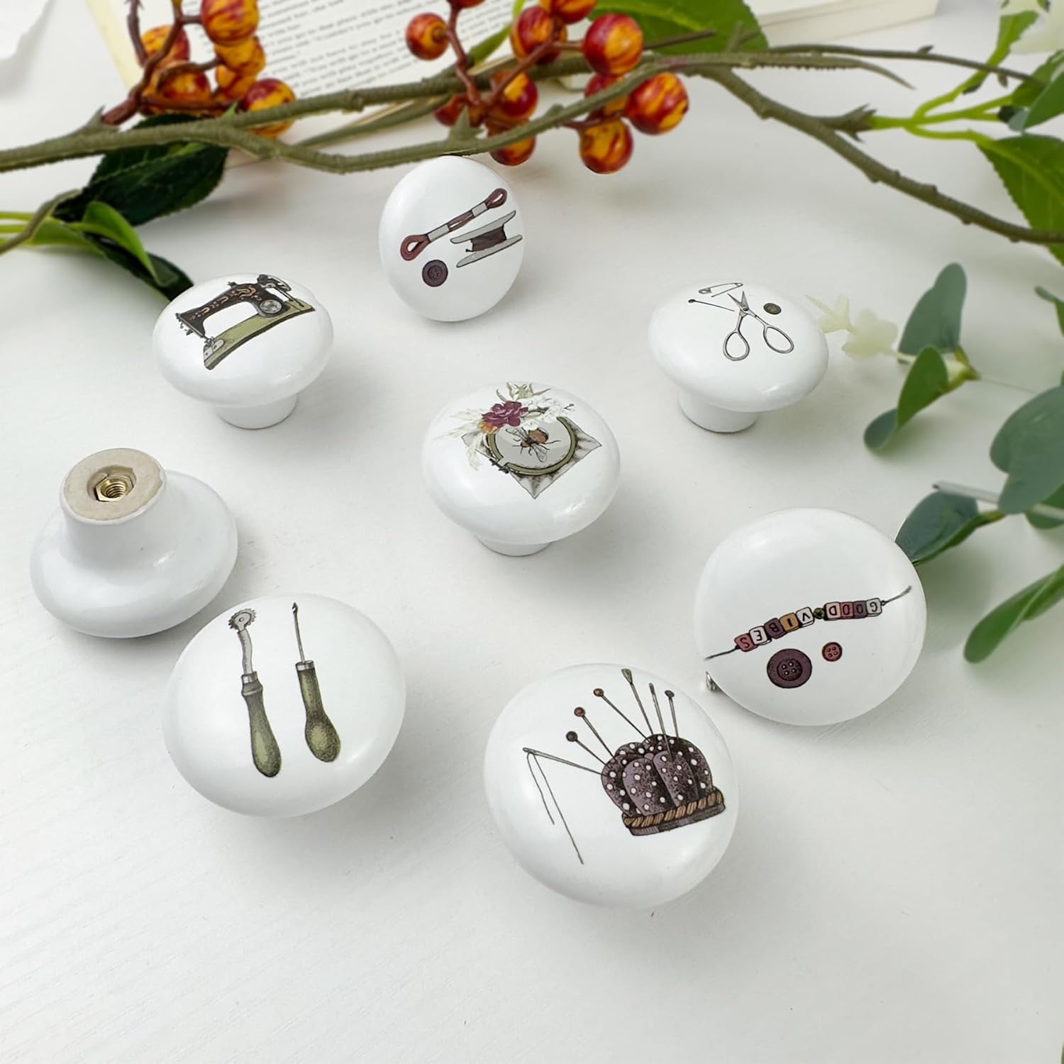 8pack1.5 Ceramic Vintage Sewing Machine Cabinet Knobs Rustic Farmhouse Bee with Flower Kitchen Cupboard Dresser Drawer Pulls and Knobs
