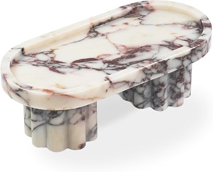 Marble Perfume Tray with Legs - Oval Decorative Stone Pedestal for Bathroom Vanity Coffee Table Kitchen Countertop, Footed Jewelry Candle Organizers Catchall Plate Riser with Scalloped Feet