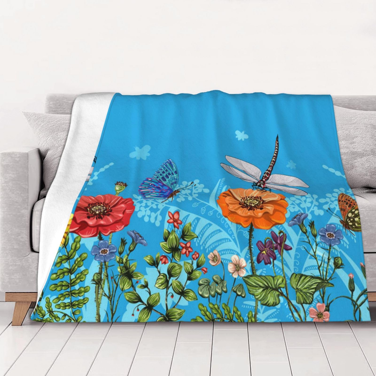AUBKFELD dragonfly and flower Printed Flannel Blanket 125x100 CM, Soft & Warm Throw Blanket for Sofa/Couch/Bed/Car, Gifts for Audlts Women Men
