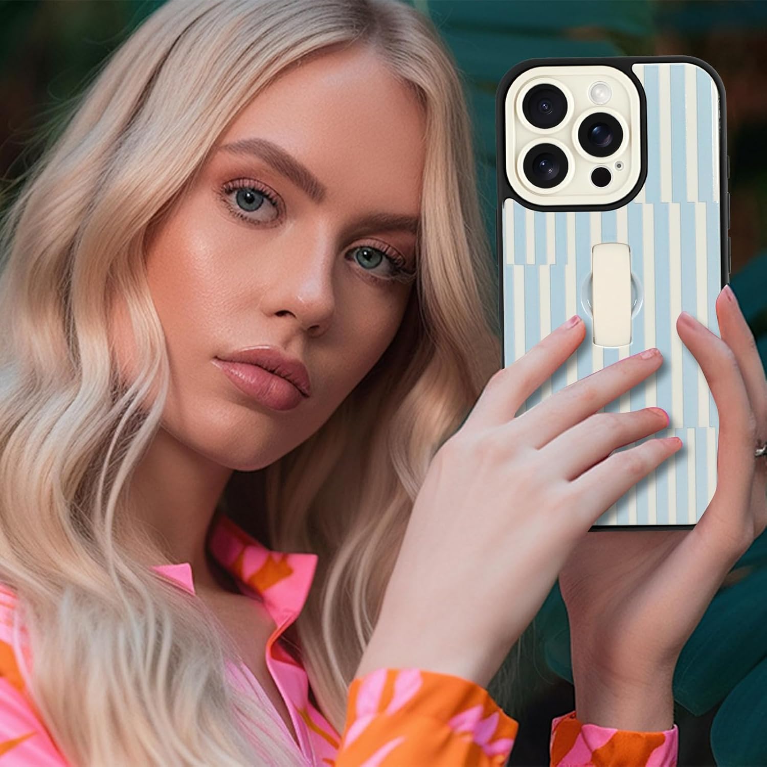 Compatible with iPhone 16 Pro Case with Finger Hand Strap Kickstand, Trendy Cool Striped Phone Case for Women Men, Full Camera Protection Shockproof Protective Cover, White and Blue Stripes - Image 6