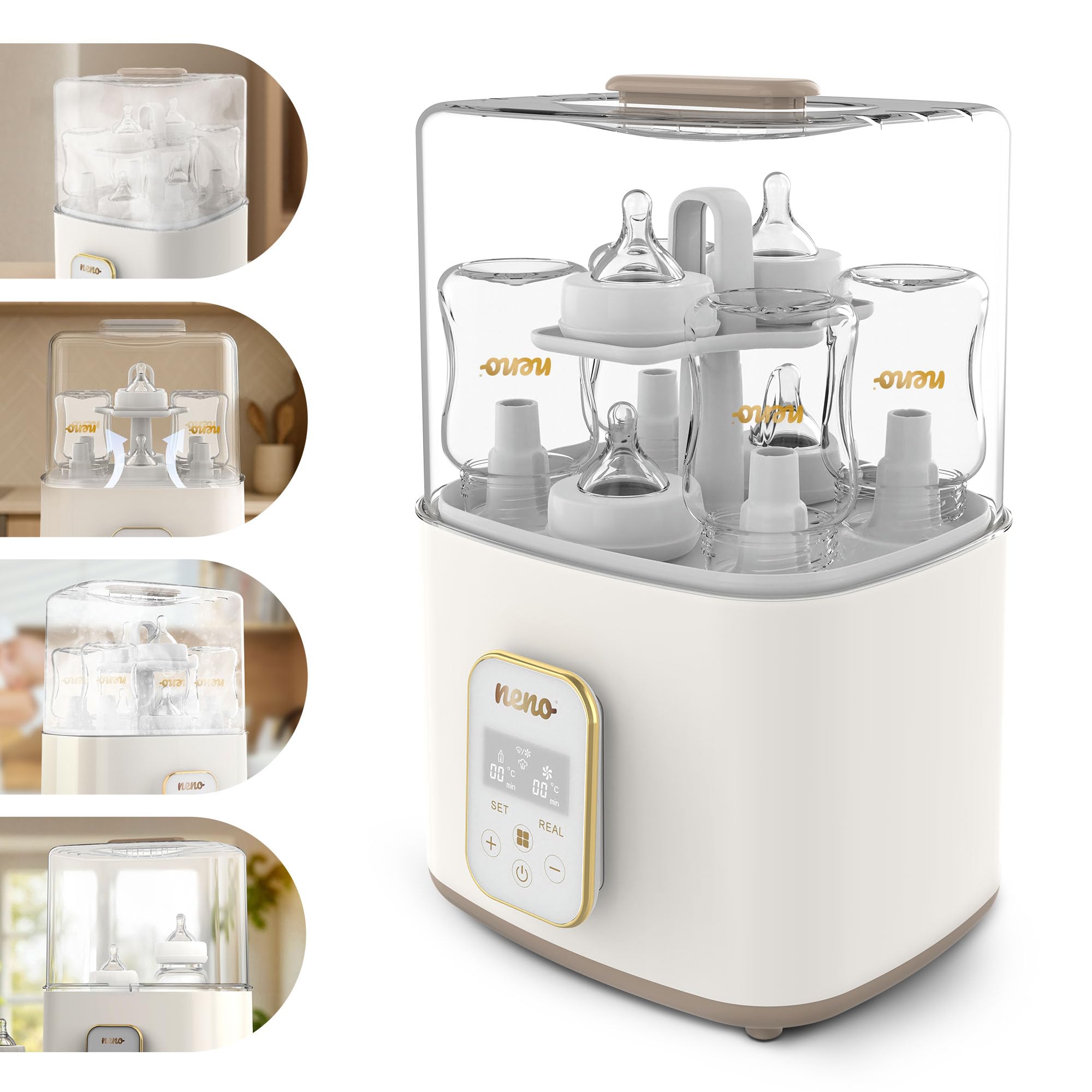 NENO Puro Sterilisator für Babyflaschen – 4-in-1 Gerät mit Trocknung & Flaschenwärmer Baby – Dampfsterilisation 100°C – Touch-Bedienfeld – Platz für 4 Flaschen