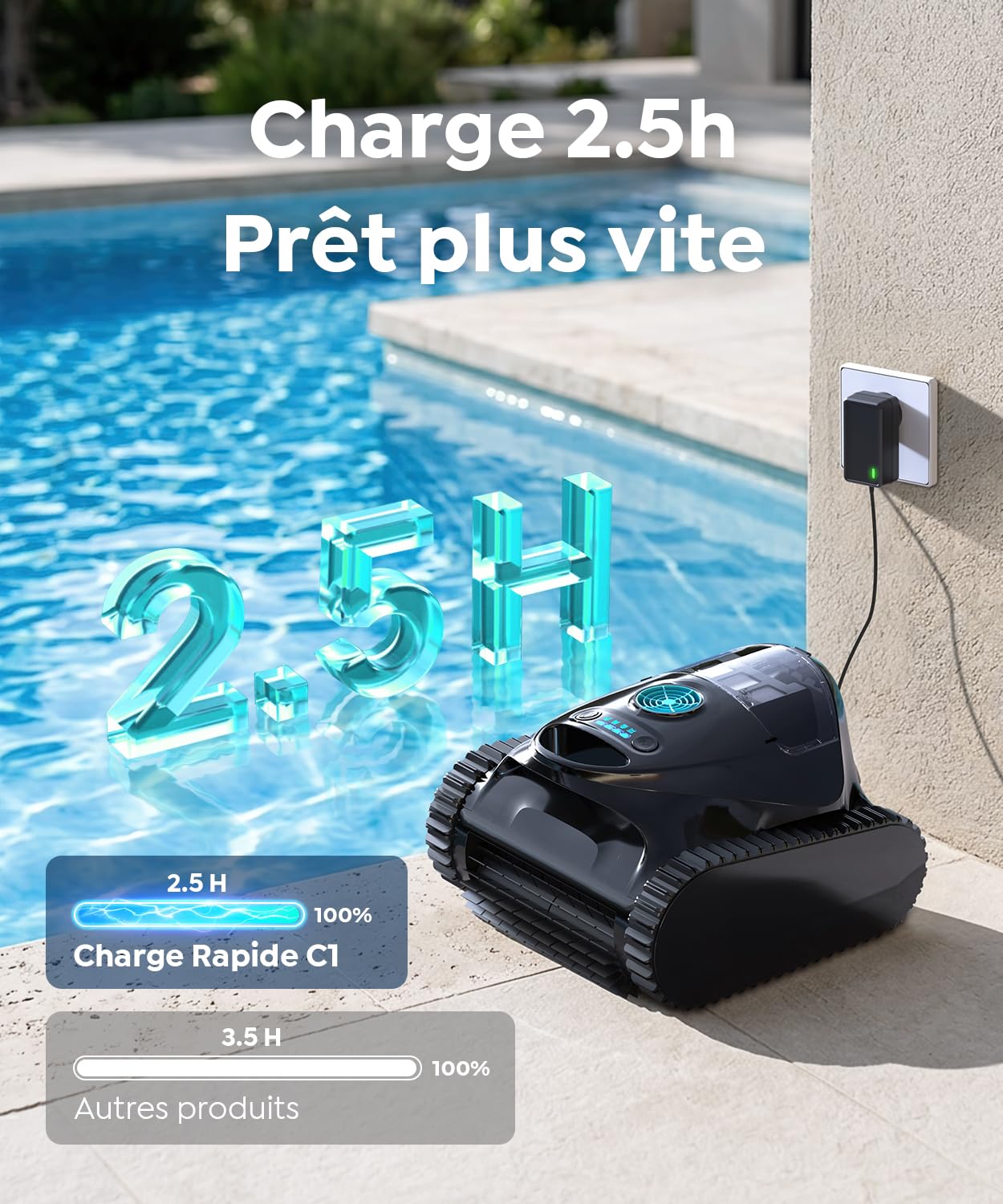 C1 Robot Piscine Fond et Parois (2026 Nouv) | Double filtration, 180 min, 7 modes, App, max 150 m², facile à sortir de l'eau, pour eau douce et salée